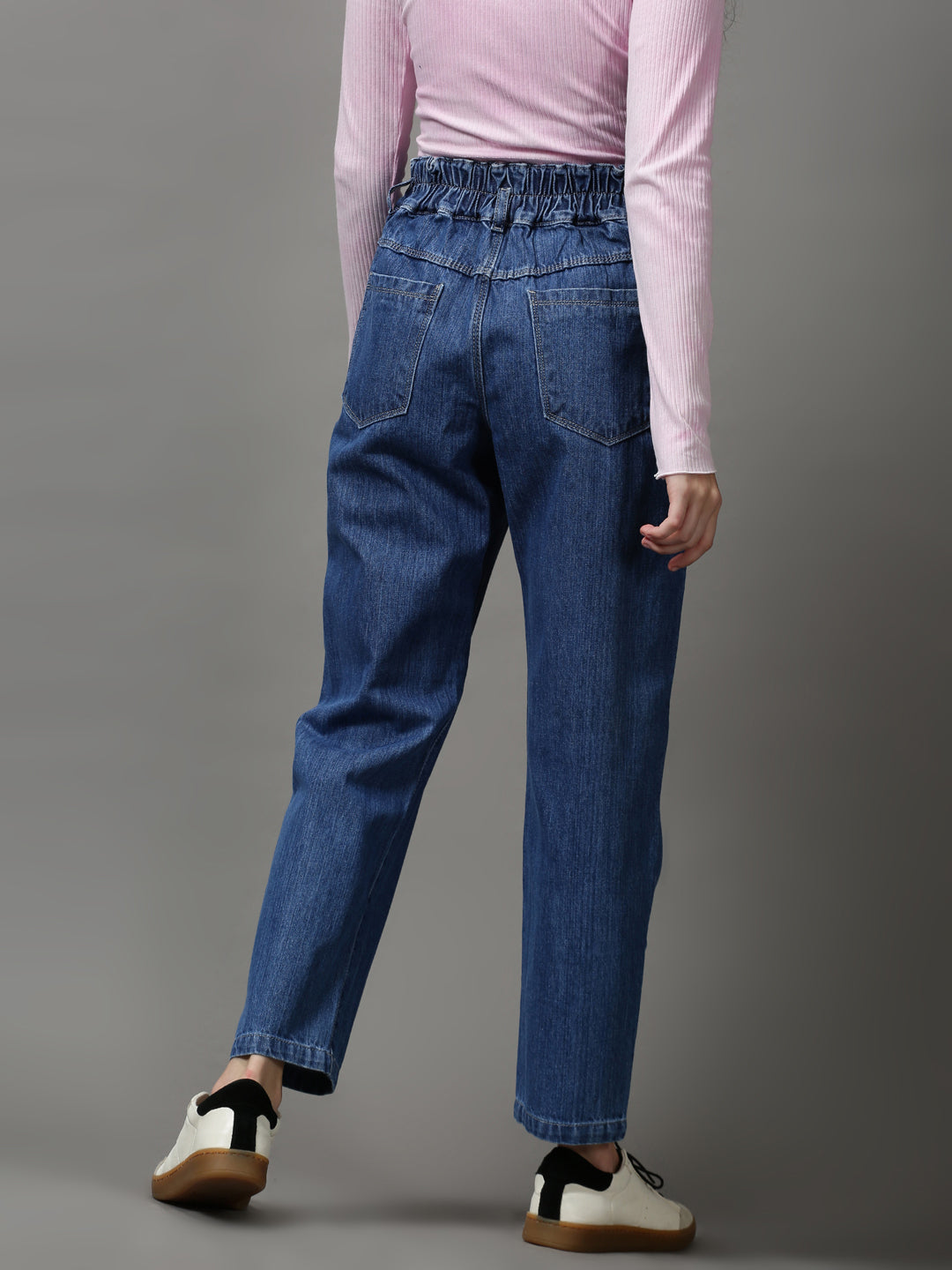 Women's Blue Mom Fit High-Rise Mildly Distressed Denim Jeans