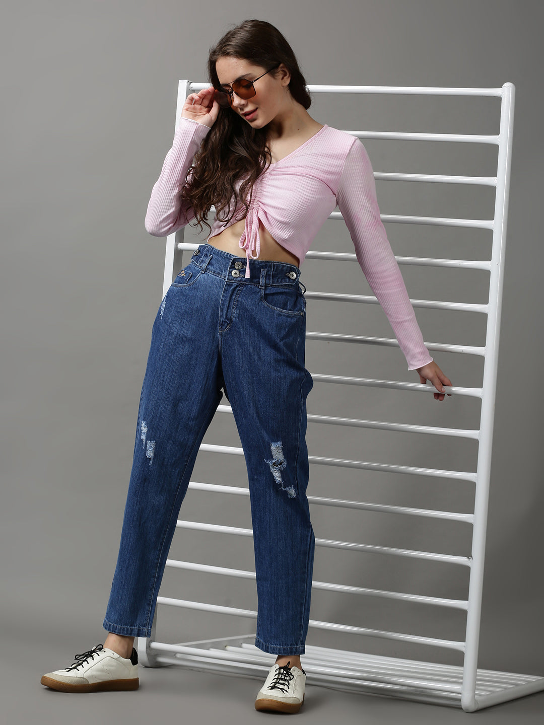 Women's Blue Mom Fit High-Rise Mildly Distressed Denim Jeans