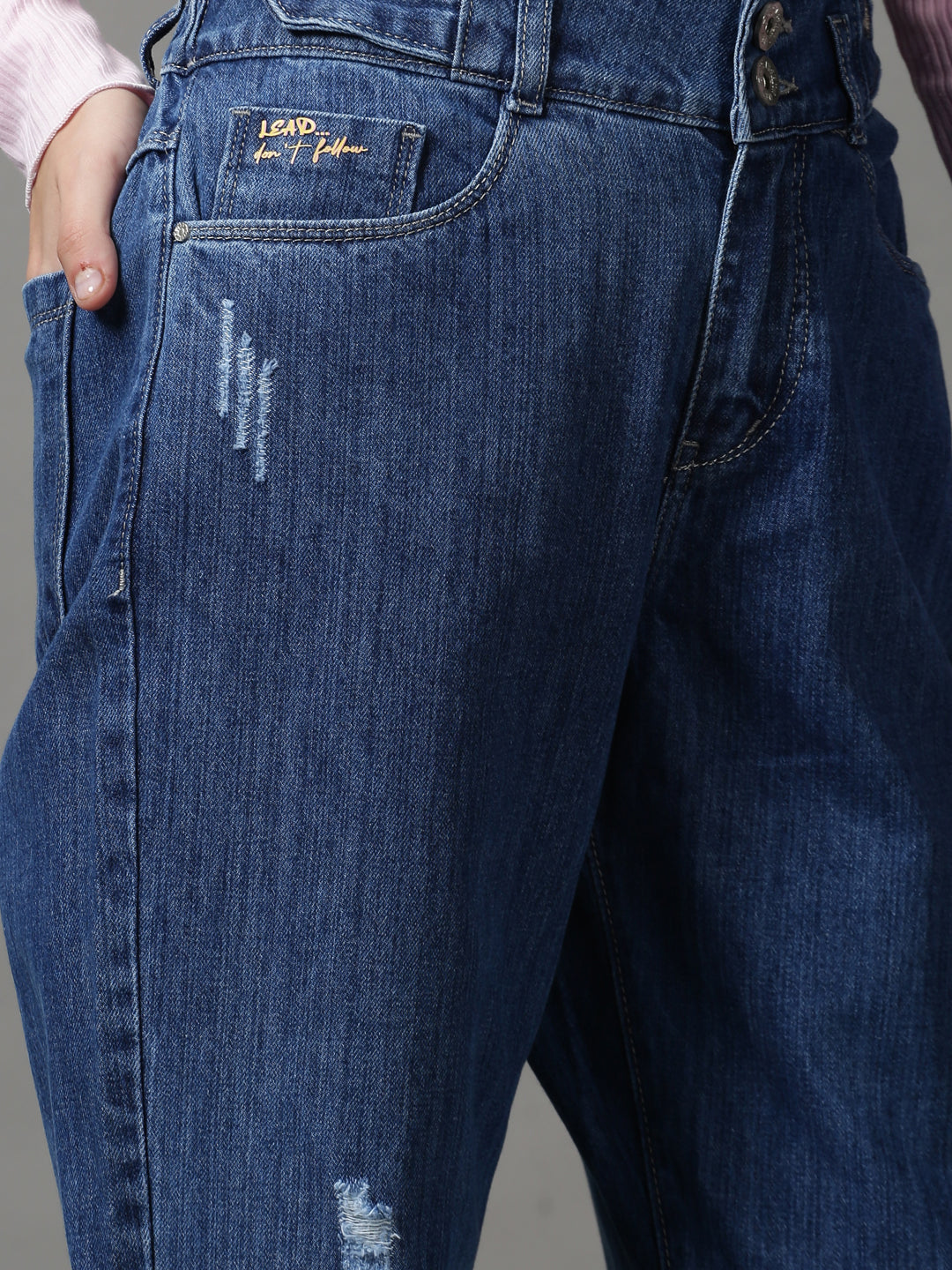 Women's Blue Mom Fit High-Rise Mildly Distressed Denim Jeans