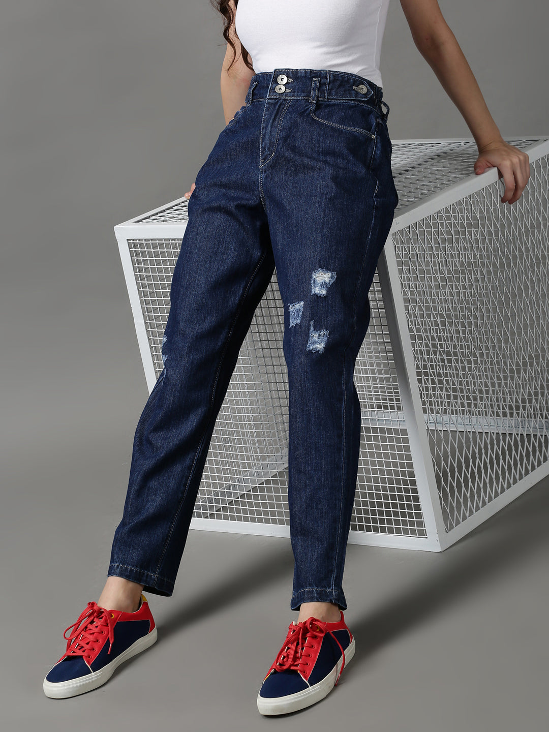 Women's Navy Blue High-Rise Mildly Distressed Stretchable Denim Jeans