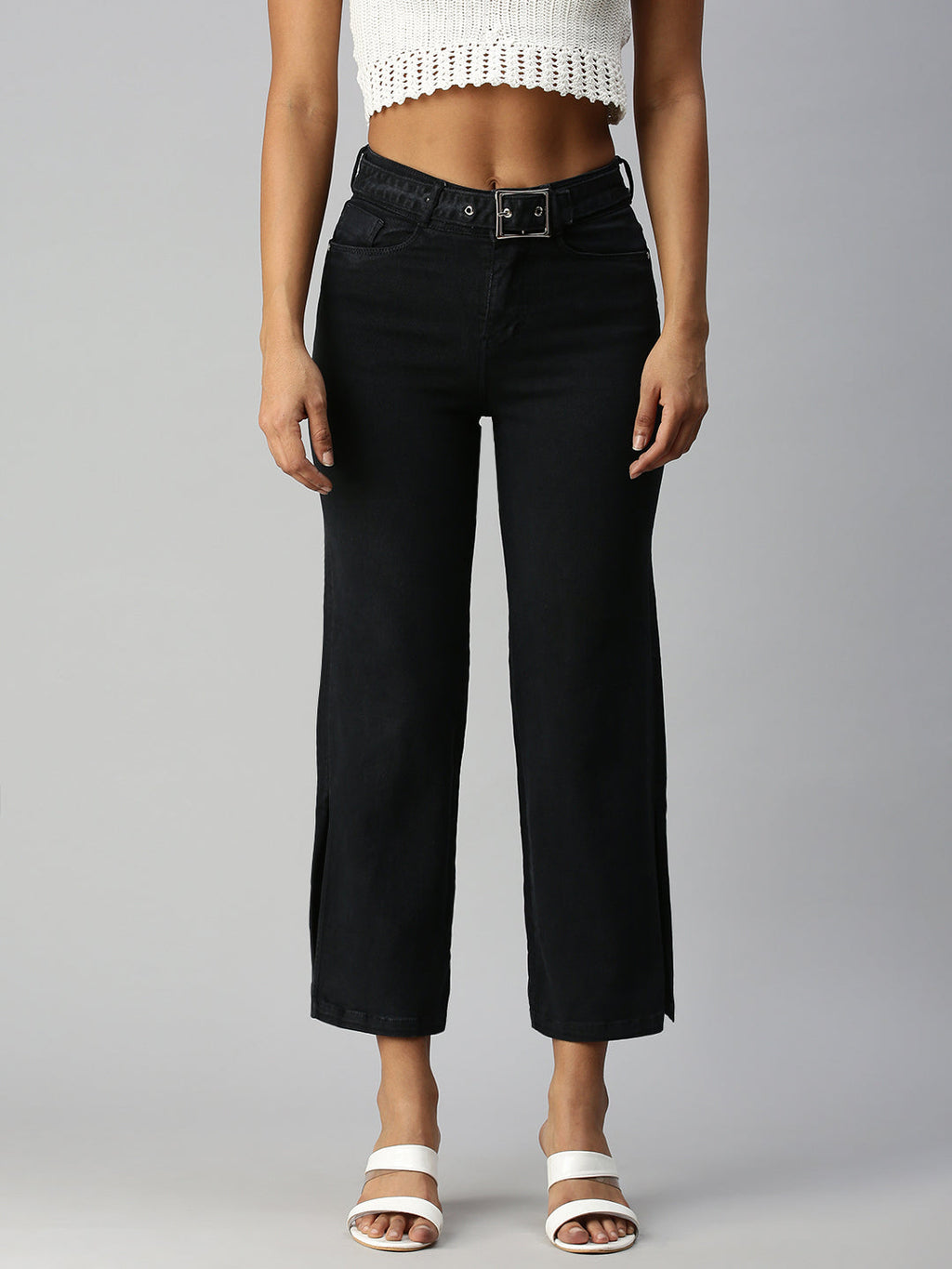 Women's Grey Wide Leg High-Rise Stretchable Jeans