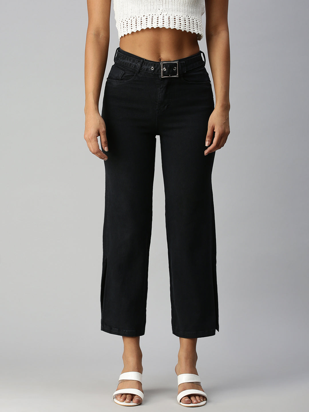 Women's Grey Wide Leg High-Rise Stretchable Jeans