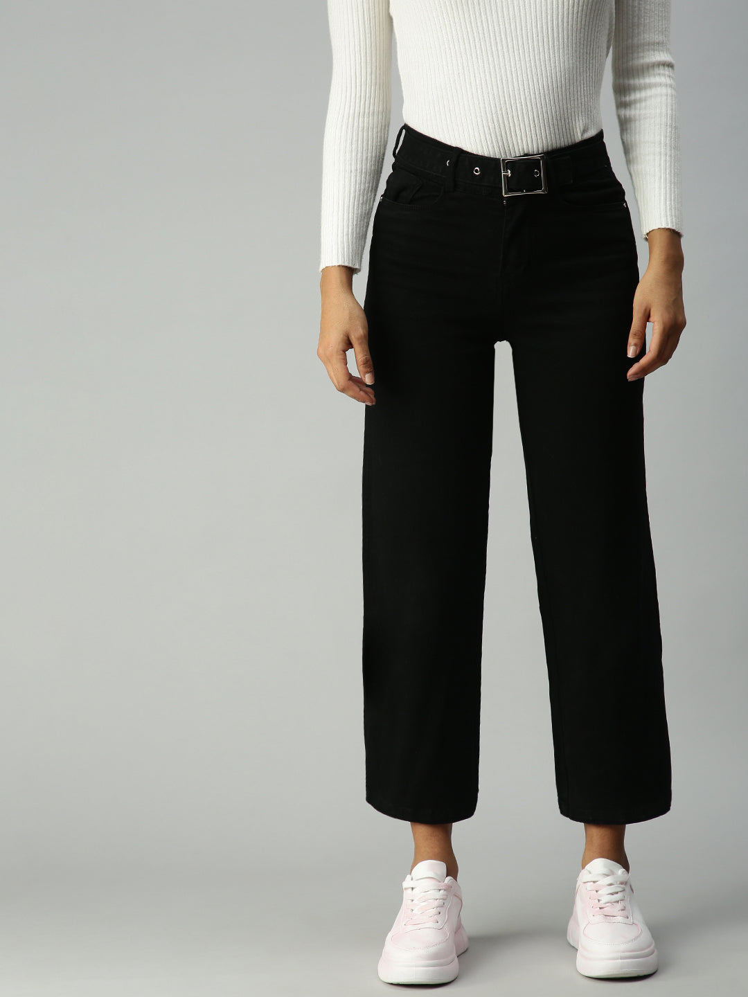 Women's Black Wide Leg High-Rise Stretchable Jeans With Belt