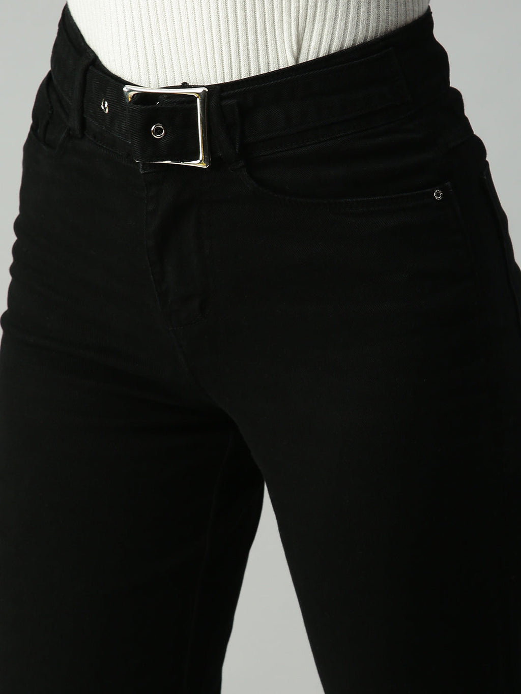 Women's Black Wide Leg High-Rise Stretchable Jeans With Belt