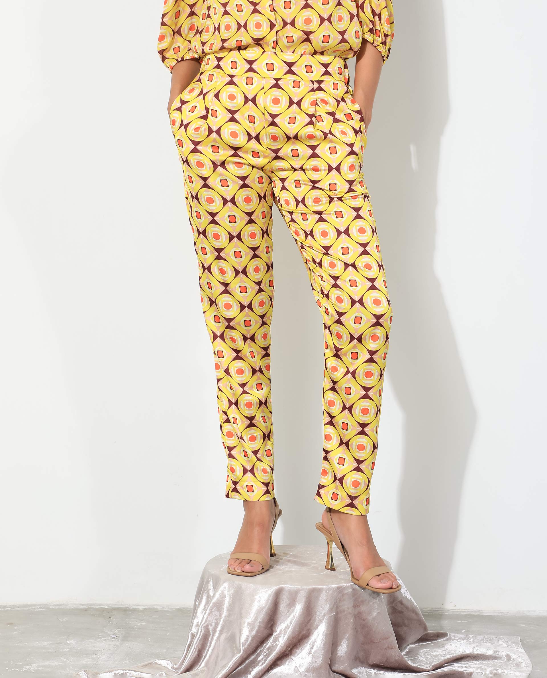 Rareism Women's Robbie Yellow Polyester Geometric Print Ankle Length Regular Fit Trouser