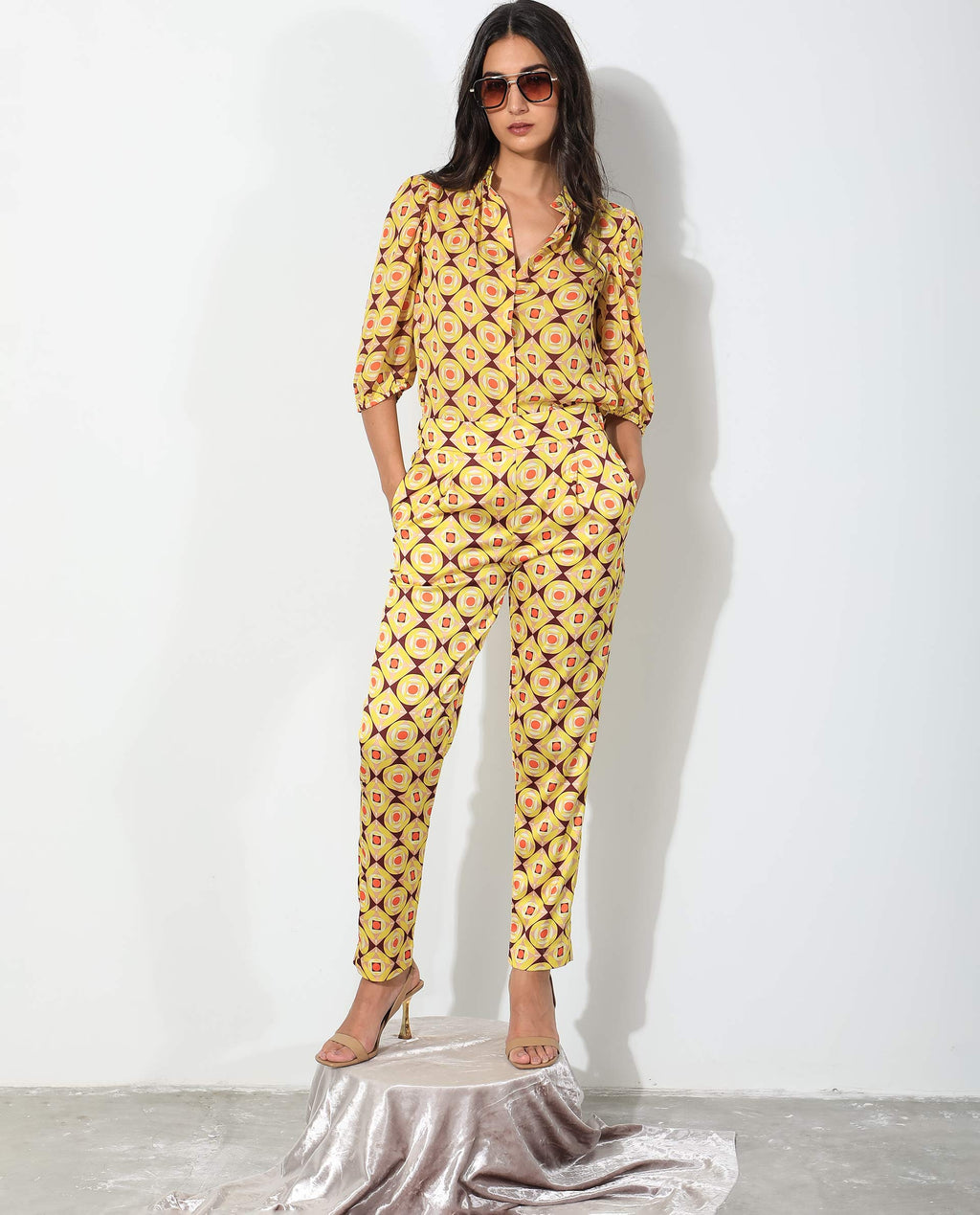Rareism Women's Robbie Yellow Polyester Geometric Print Ankle Length Regular Fit Trouser