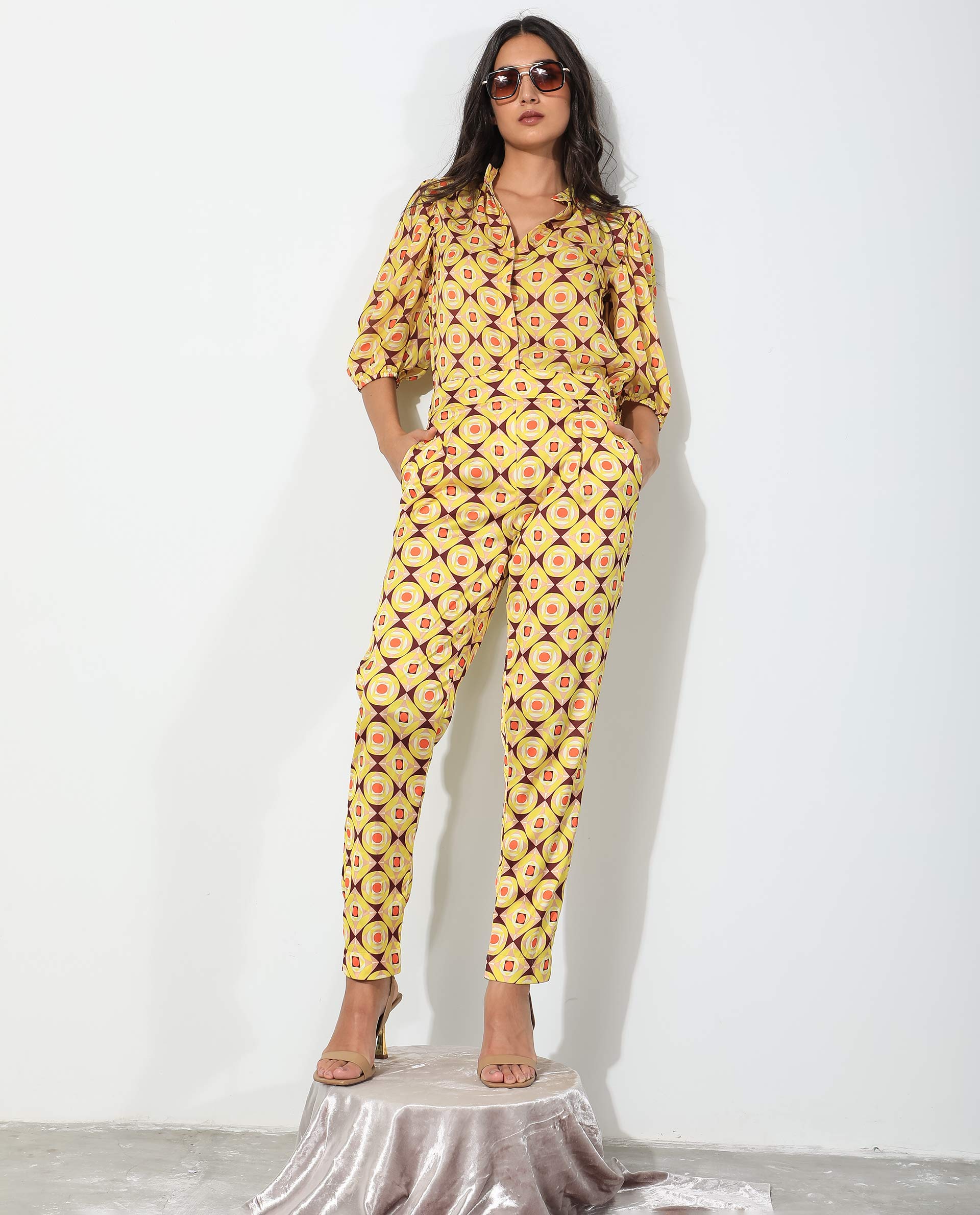 Rareism Women's Robbie Yellow Polyester Geometric Print Ankle Length Regular Fit Trouser
