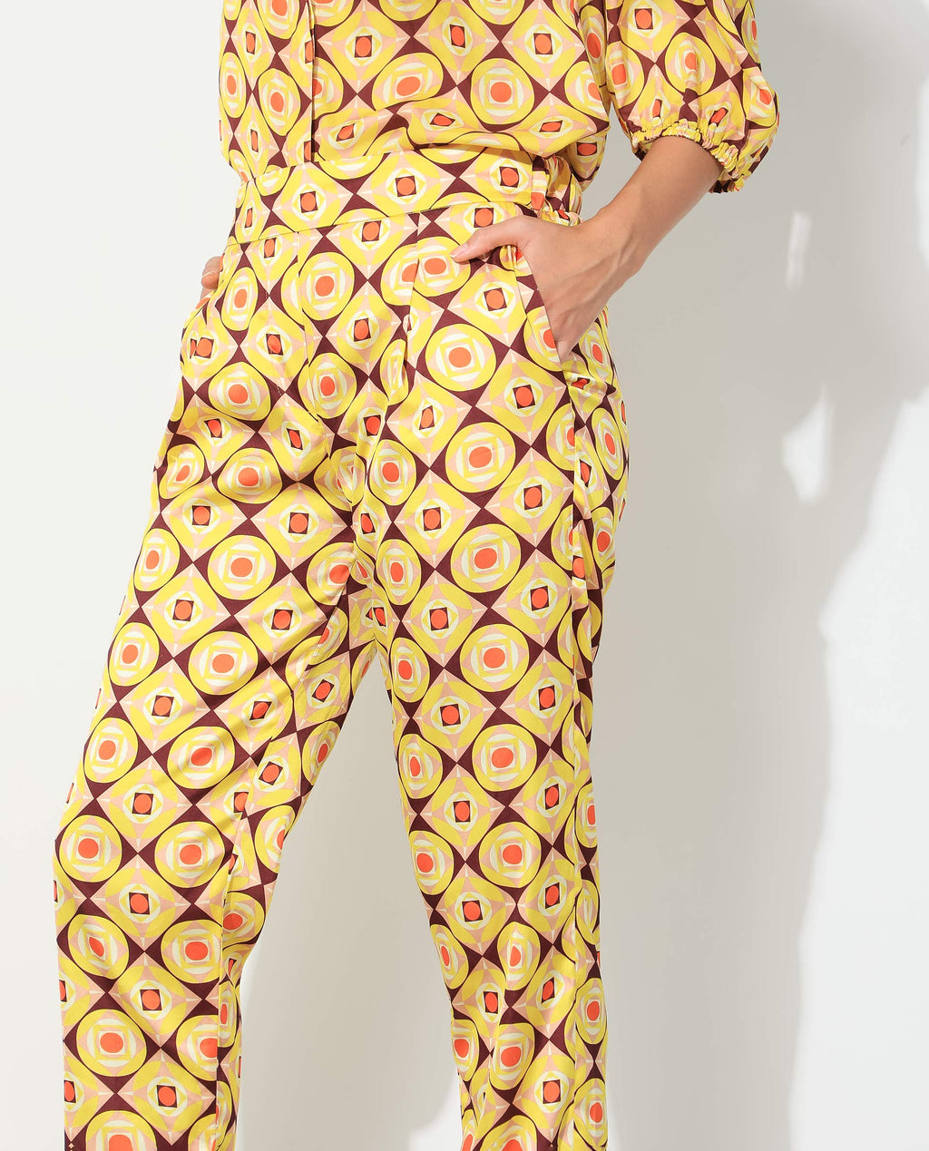 Rareism Women's Robbie Yellow Polyester Geometric Print Ankle Length Regular Fit Trouser