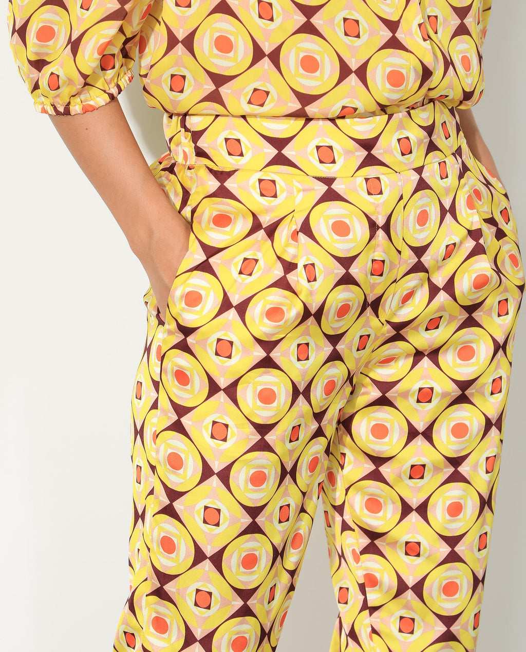Rareism Women's Robbie Yellow Polyester Geometric Print Ankle Length Regular Fit Trouser