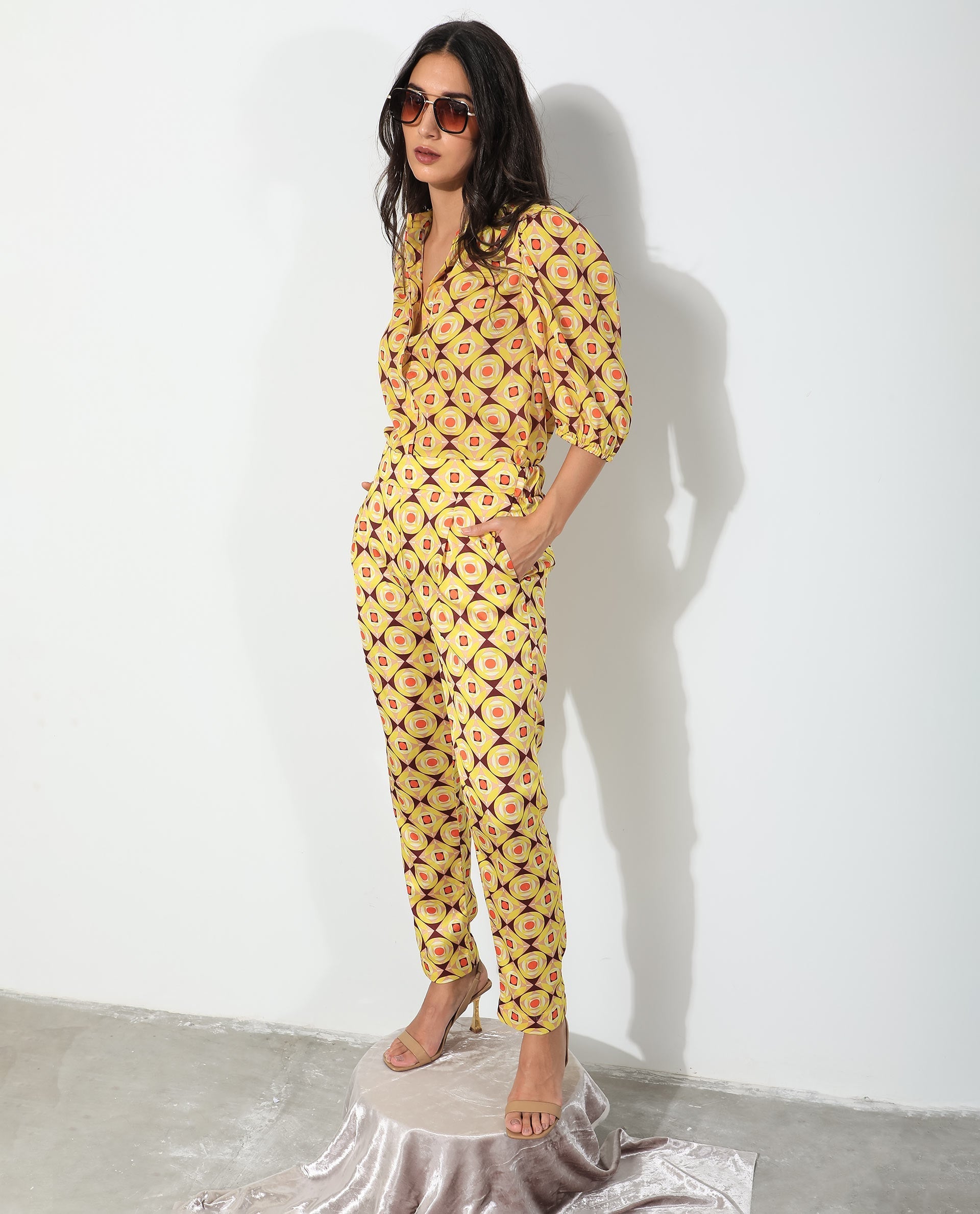 Rareism Women's Robbie Yellow Polyester Geometric Print Ankle Length Regular Fit Trouser