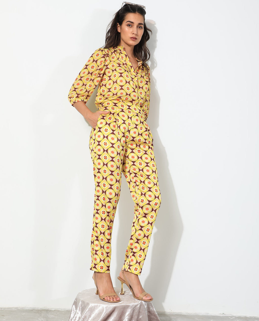 Rareism Women's Robbie Yellow Polyester Geometric Print Ankle Length Regular Fit Trouser