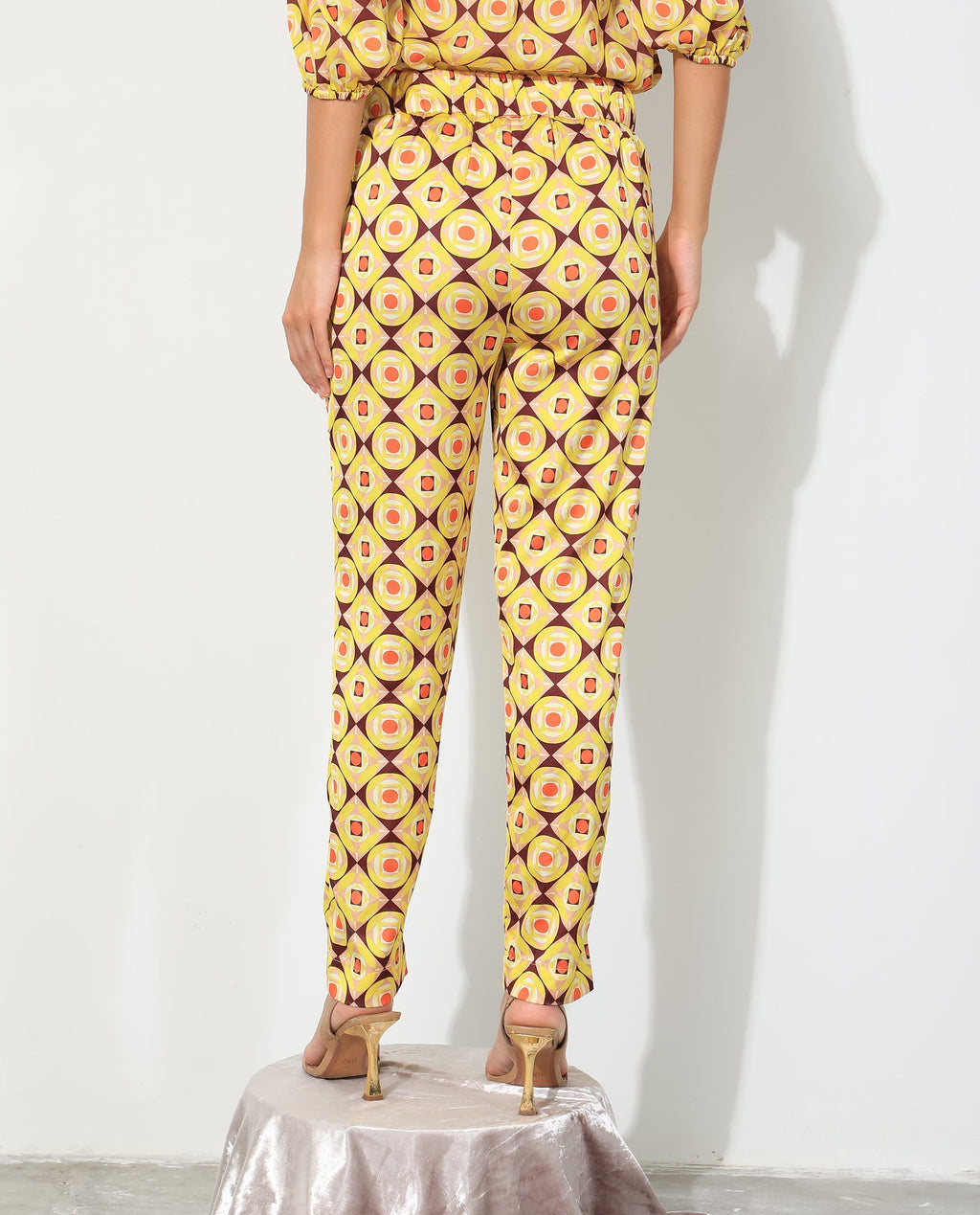 Rareism Women's Robbie Yellow Polyester Geometric Print Ankle Length Regular Fit Trouser