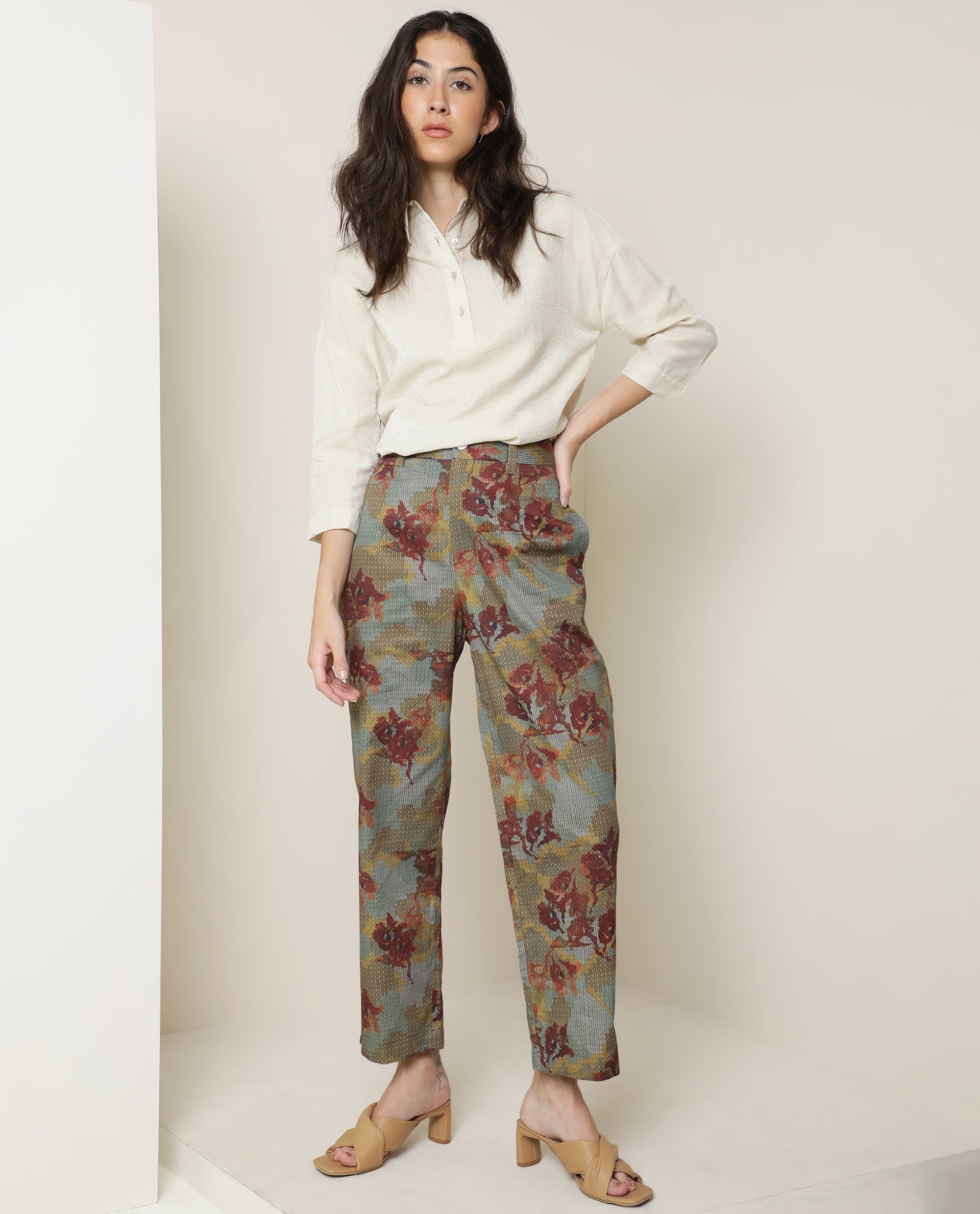 Rareism Women's Milan Olive Cotton Floral Print Ankle Length Tailored Trouser