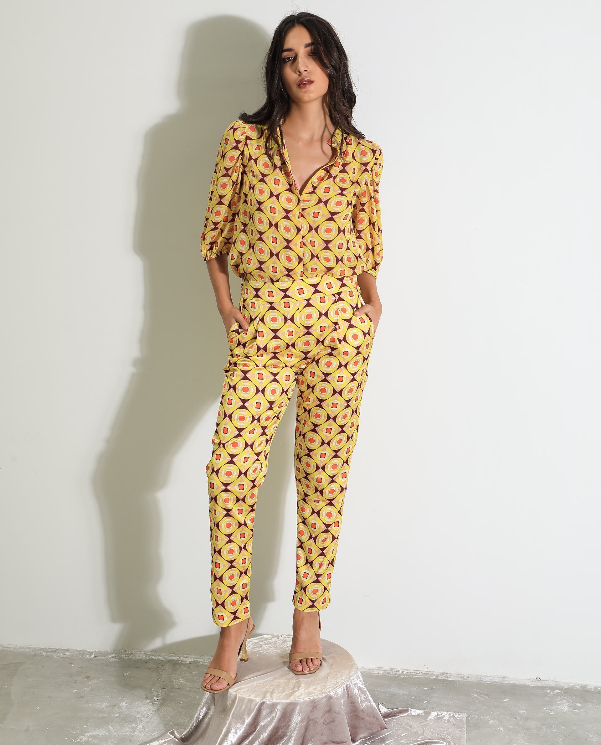 Rareism Women's Robbie Yellow Polyester Geometric Print Ankle Length Regular Fit Trouser