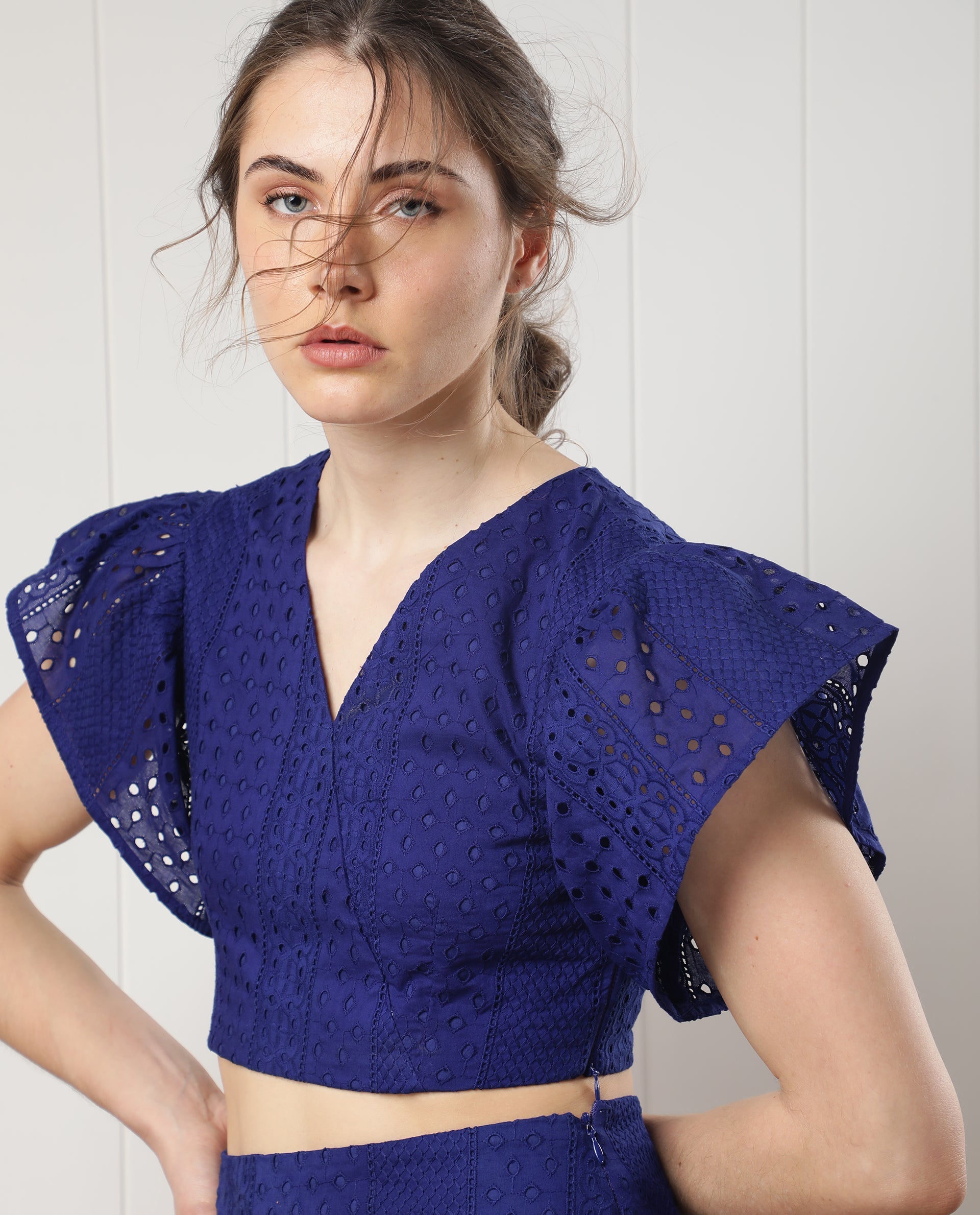 Rareism Women's Marisa Blue Cotton V-Neck Schiffli Extended Sleeves Crop Regular Fit Top