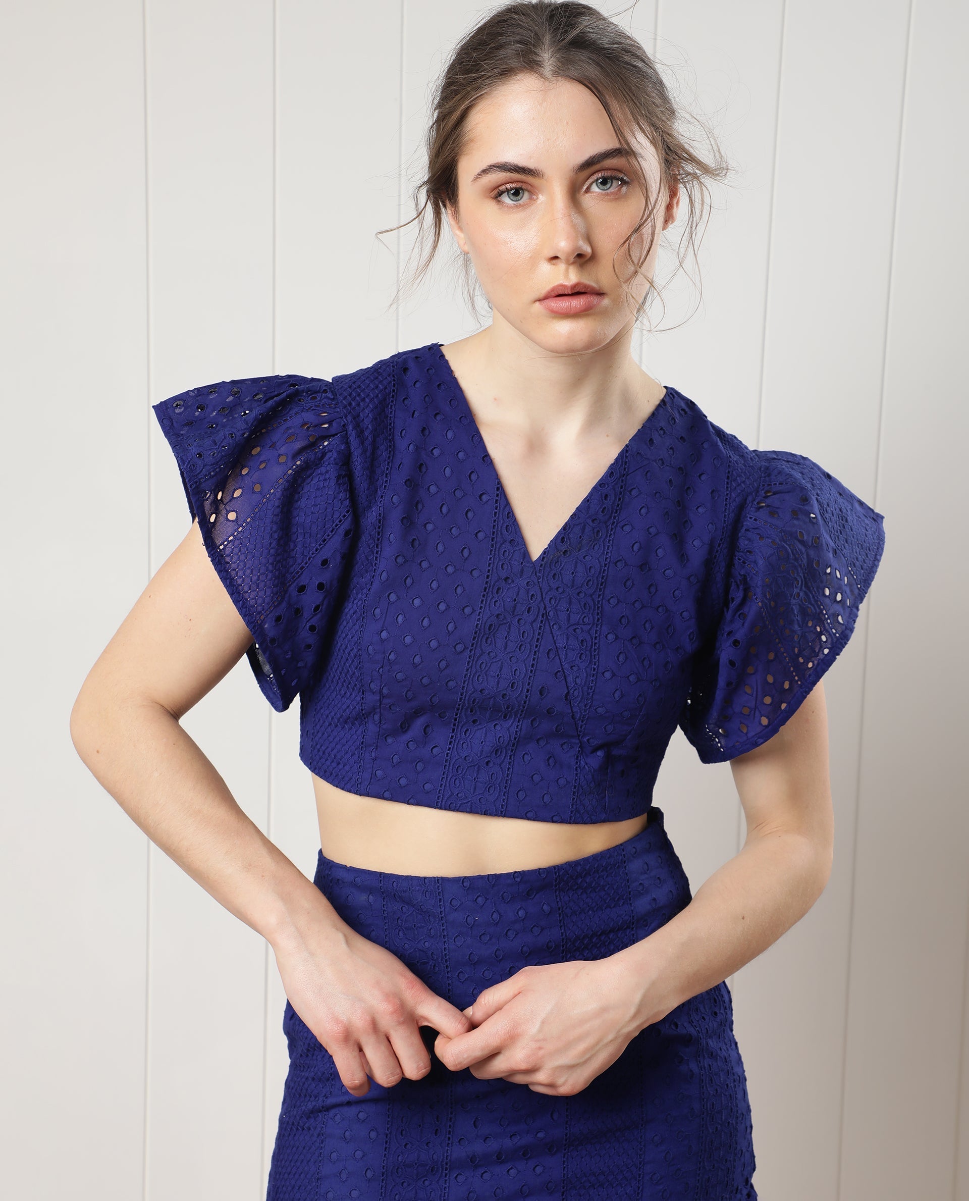 Rareism Women's Marisa Blue Cotton V-Neck Schiffli Extended Sleeves Crop Regular Fit Top
