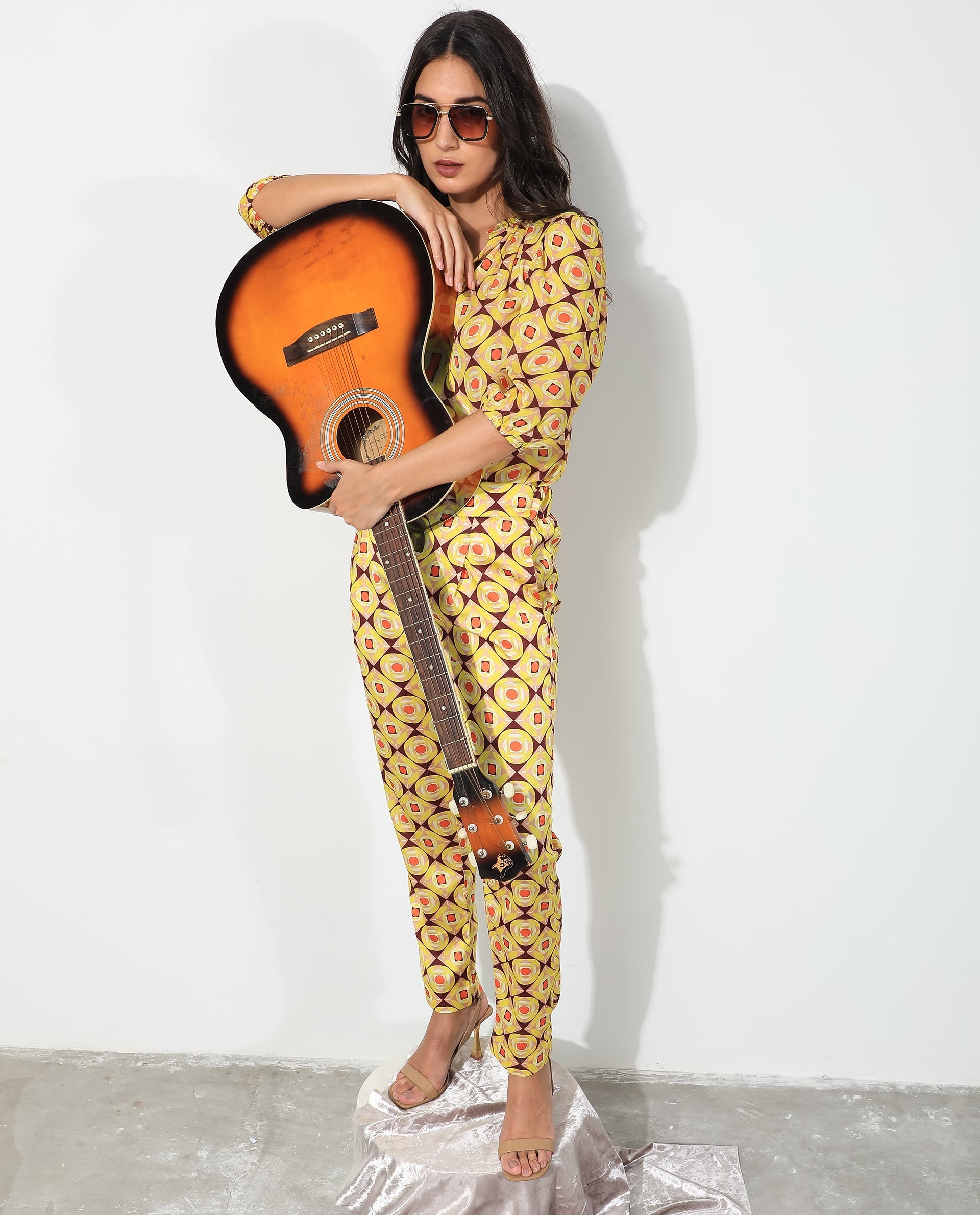 Rareism Women's Robbie Yellow Polyester Geometric Print Ankle Length Regular Fit Trouser