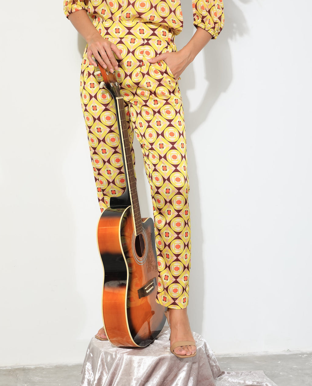 Rareism Women's Robbie Yellow Polyester Geometric Print Ankle Length Regular Fit Trouser