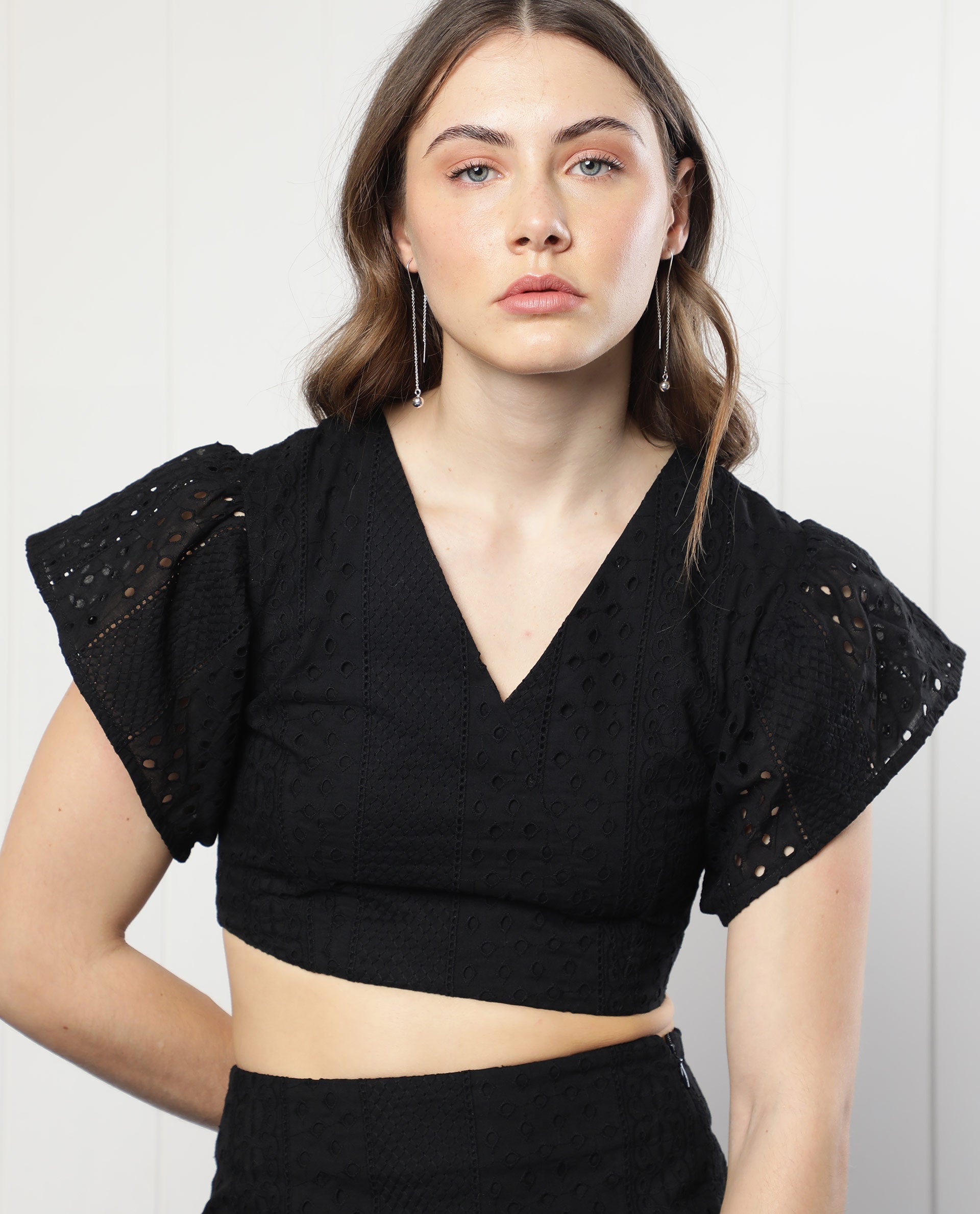 Rareism Women's Marisa Black Cotton V-Neck Schiffli Extended Sleeves Crop Regular Fit Top