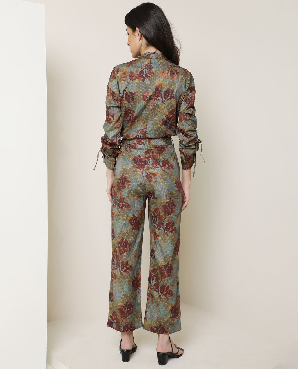 Rareism Women's Milan Olive Cotton Floral Print Ankle Length Tailored Trouser