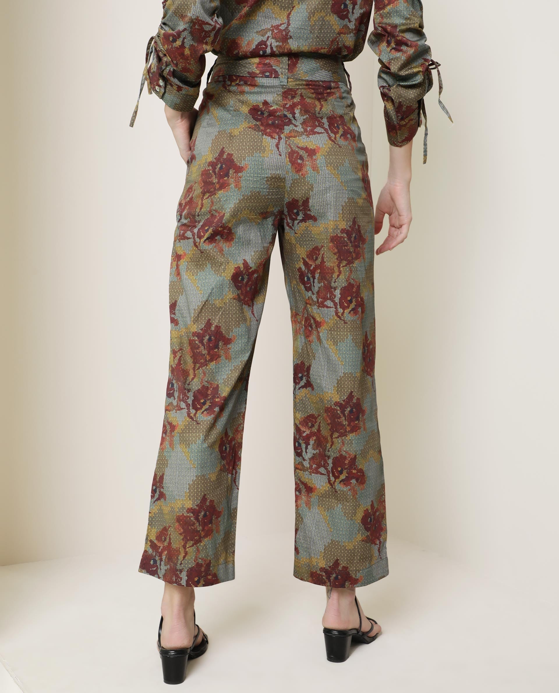 Rareism Women's Milan Olive Cotton Floral Print Ankle Length Tailored Trouser