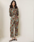 Rareism Women's Milan Olive Cotton Floral Print Ankle Length Tailored Trouser