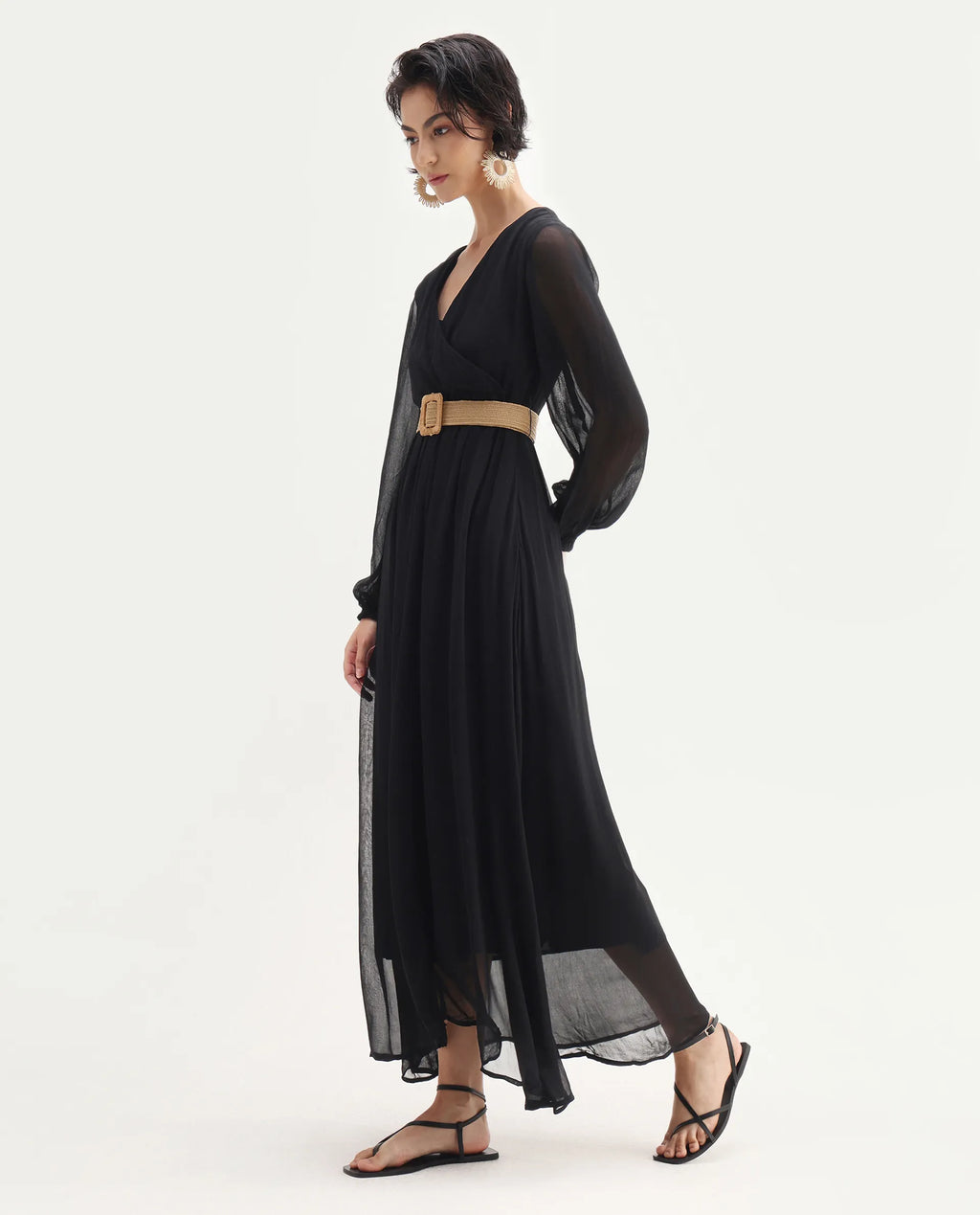 Rareism Women's Janclin Black Viscose V-Neck Plain Bishop Sleeve Maxi Fit And Flare Dress