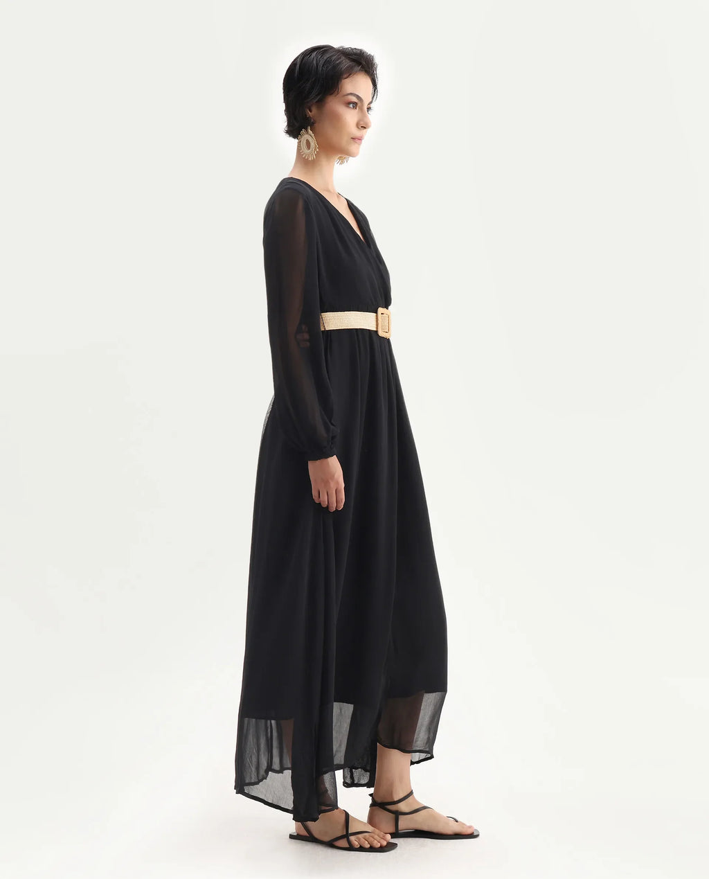 Rareism Women's Janclin Black Viscose V-Neck Plain Bishop Sleeve Maxi Fit And Flare Dress