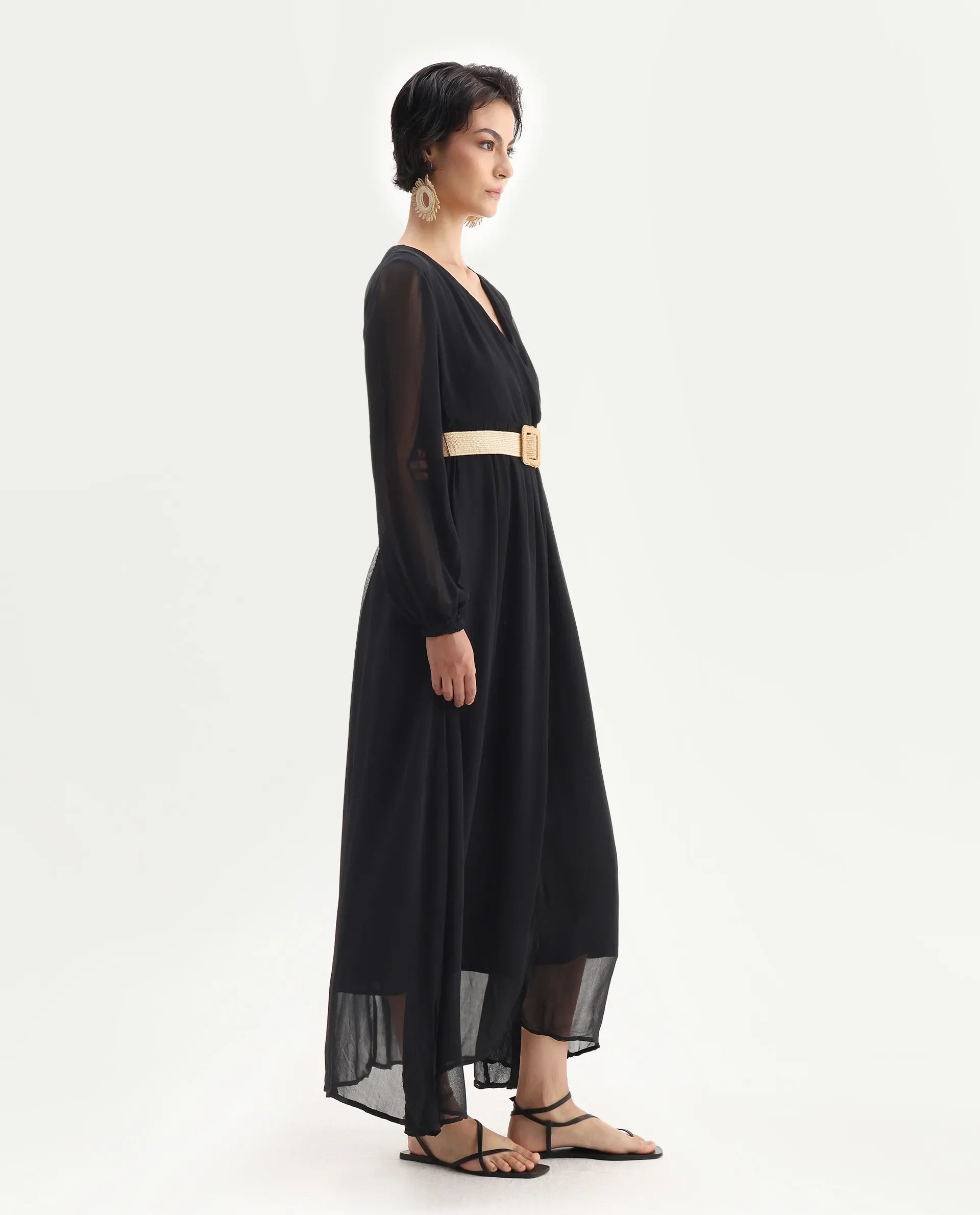 Rareism Women's Janclin Black Viscose V-Neck Plain Bishop Sleeve Maxi Fit And Flare Dress