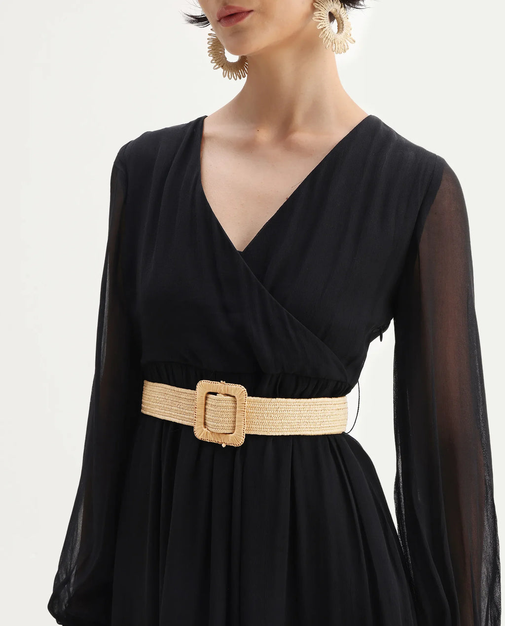 Rareism Women's Janclin Black Viscose V-Neck Plain Bishop Sleeve Maxi Fit And Flare Dress