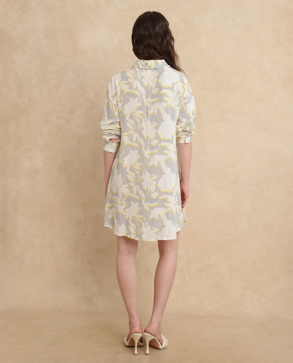 Rareism Women's Jandop Light Multi Cotton Spread Collar Abstract Print Cuffed Sleeve Mini A-Line Dress