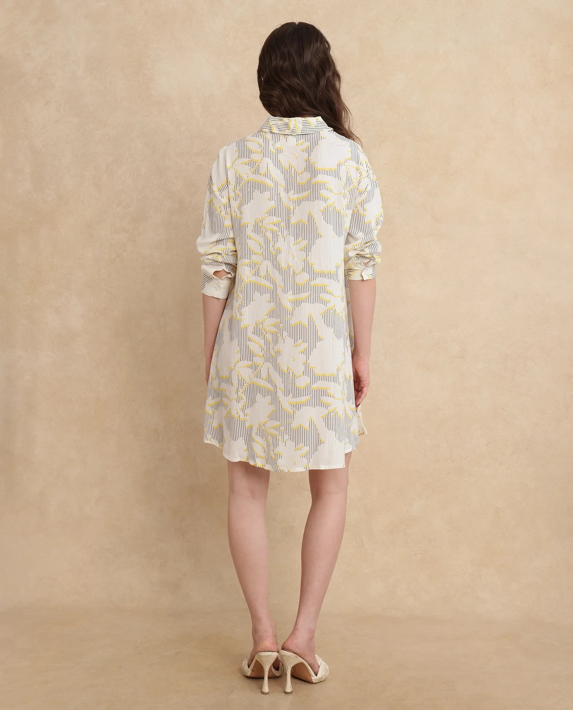 Rareism Women's Jandop Light Multi Cotton Spread Collar Abstract Print Cuffed Sleeve Mini A-Line Dress