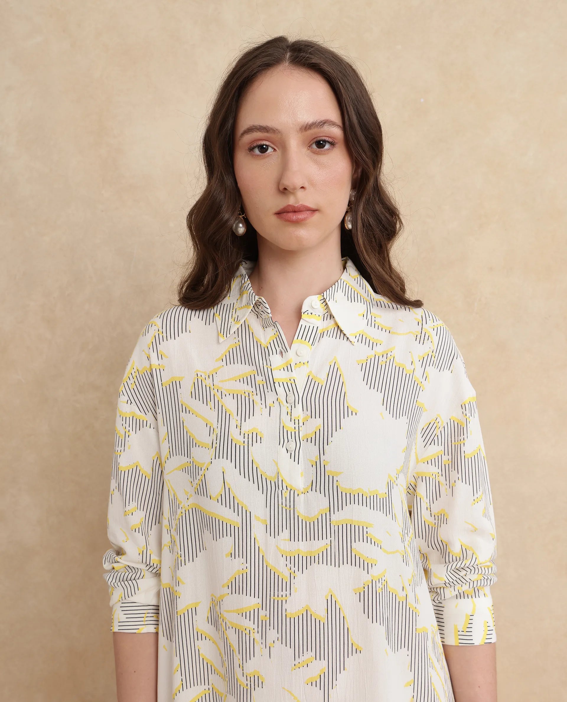 Rareism Women's Jandop Light Multi Cotton Spread Collar Abstract Print Cuffed Sleeve Mini A-Line Dress
