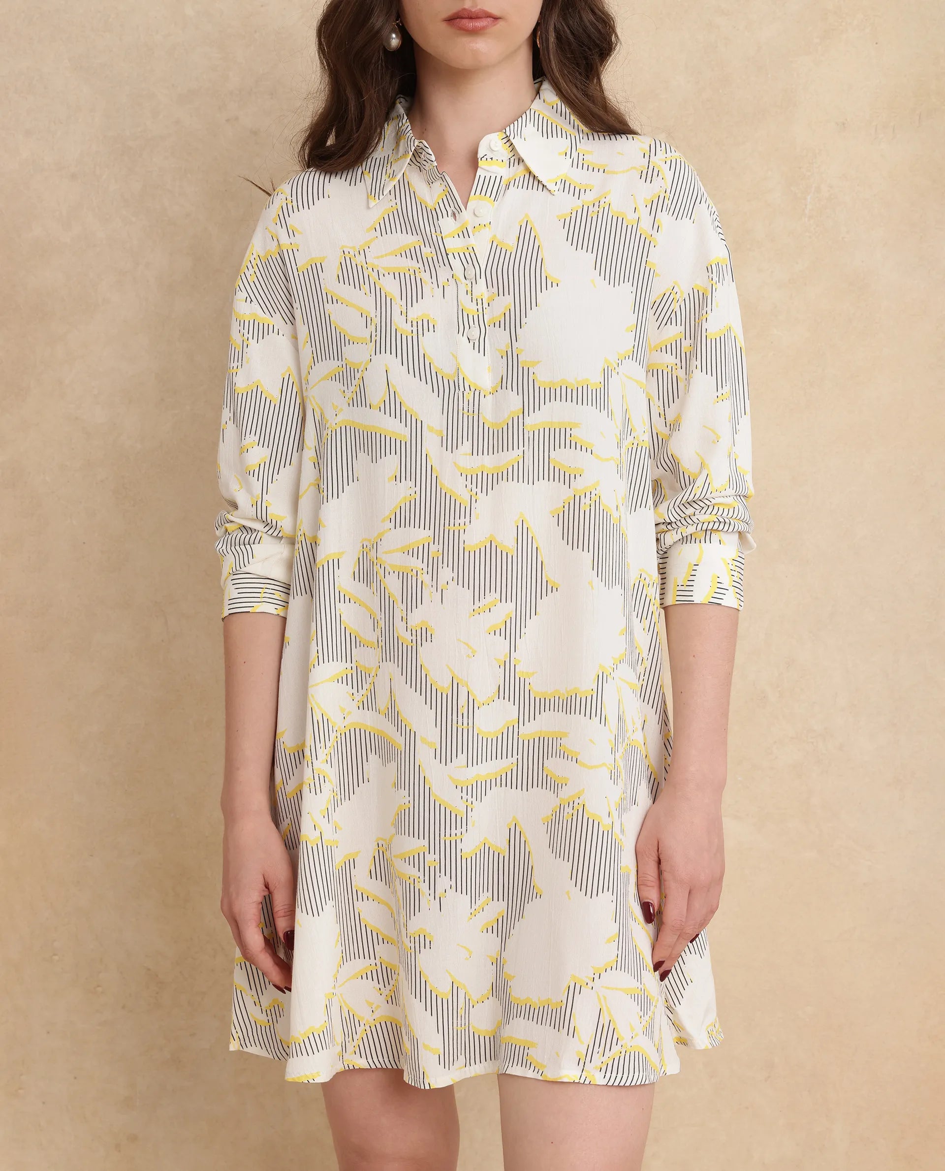 Rareism Women's Jandop Light Multi Cotton Spread Collar Abstract Print Cuffed Sleeve Mini A-Line Dress