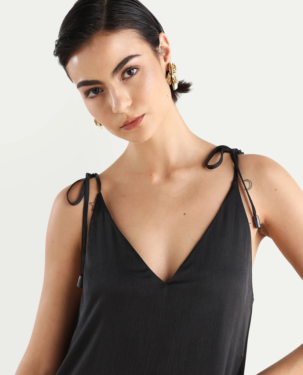 Rareism Women's Janfree Black Polyester Shoulder Strap Plain Sleeveless Maxi A-Line Dress