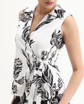 Rareism Women's Janfu T White Polyester Johnny Collar Floral Print Sleeveless Regular Fit Top