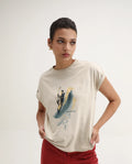 Rareism Women's Jango Beige Cotton Round Neck Graphic Print Extended Sleeves Regular Fit T-Shirt