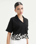 Rareism Women's Janhemo Black Viscose Blend Lapel Neck Floral Print Crop Boxy Fit Top