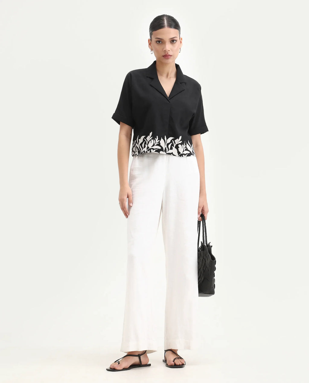 Rareism Women's Janhemo Black Viscose Blend Lapel Neck Floral Print Crop Boxy Fit Top