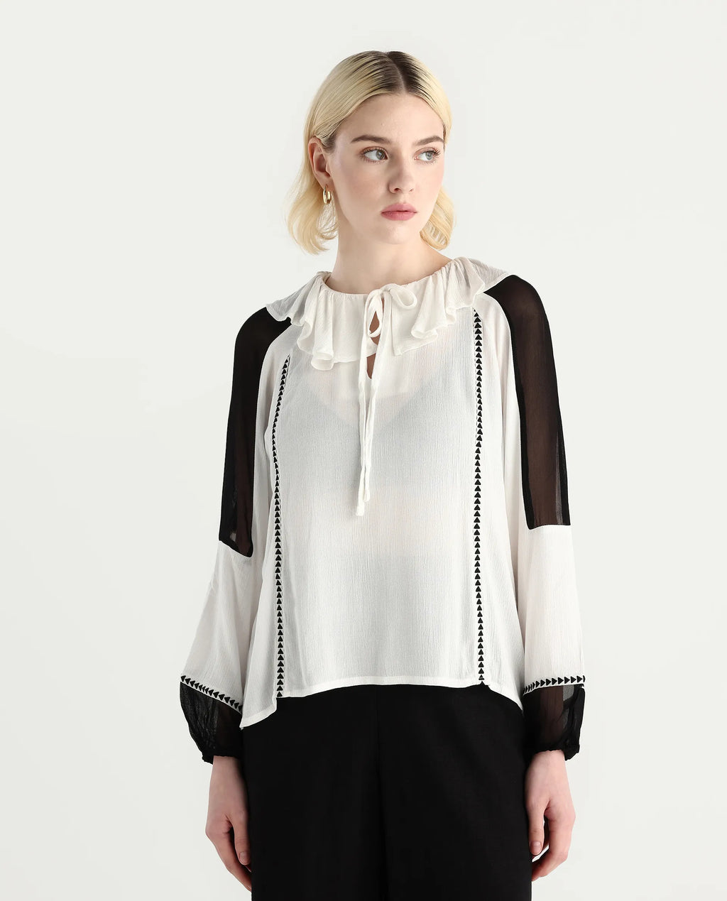 Rareism Women's Janmolo White Rayon Ruffled Neck Color Block Raglan Sleeve Regular Fit Top