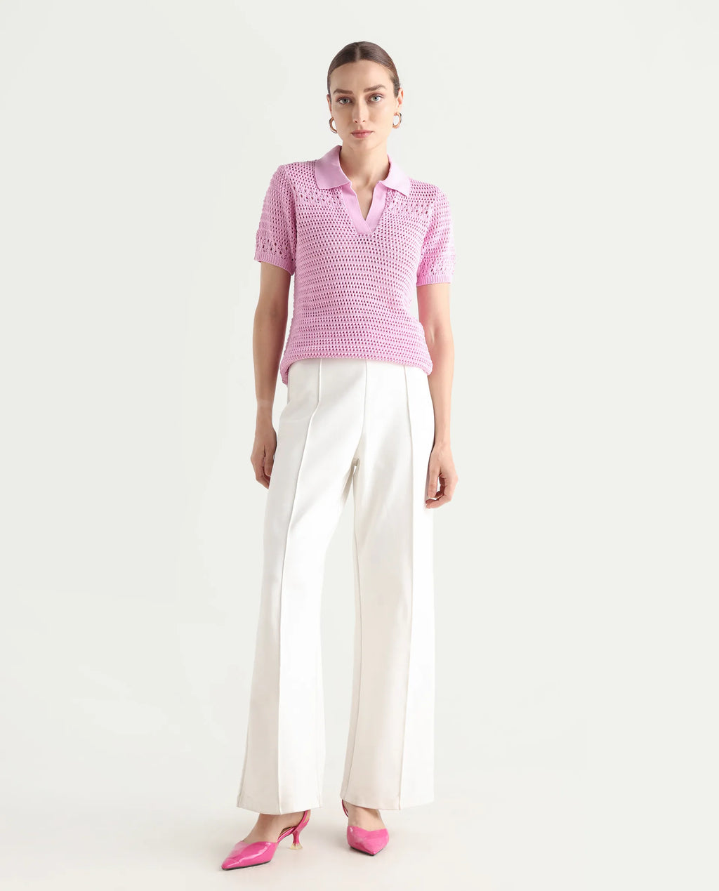 Rareism Women's Jantuda Light Pink Cotton Johnny Collar Plain Regular Fit Top
