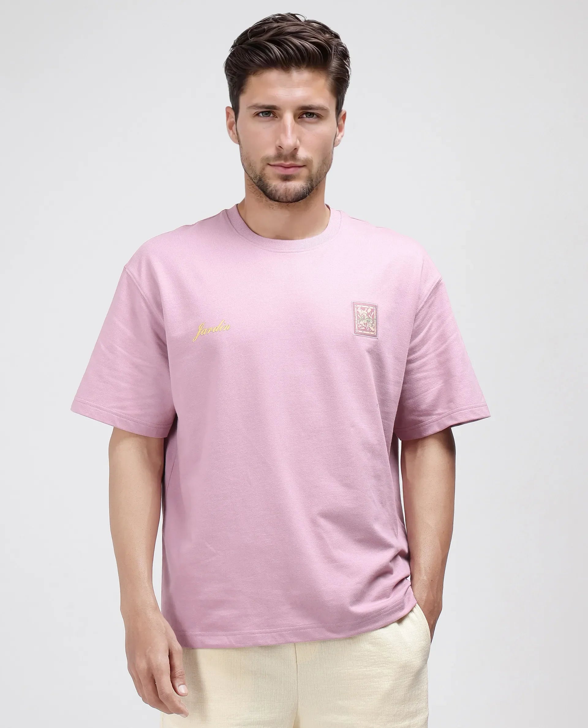 Rare Rabbit Men's Jardi Pink Cotton Graphic Print Oversized Fit Half Sleeve Crew Neck T-Shirt
