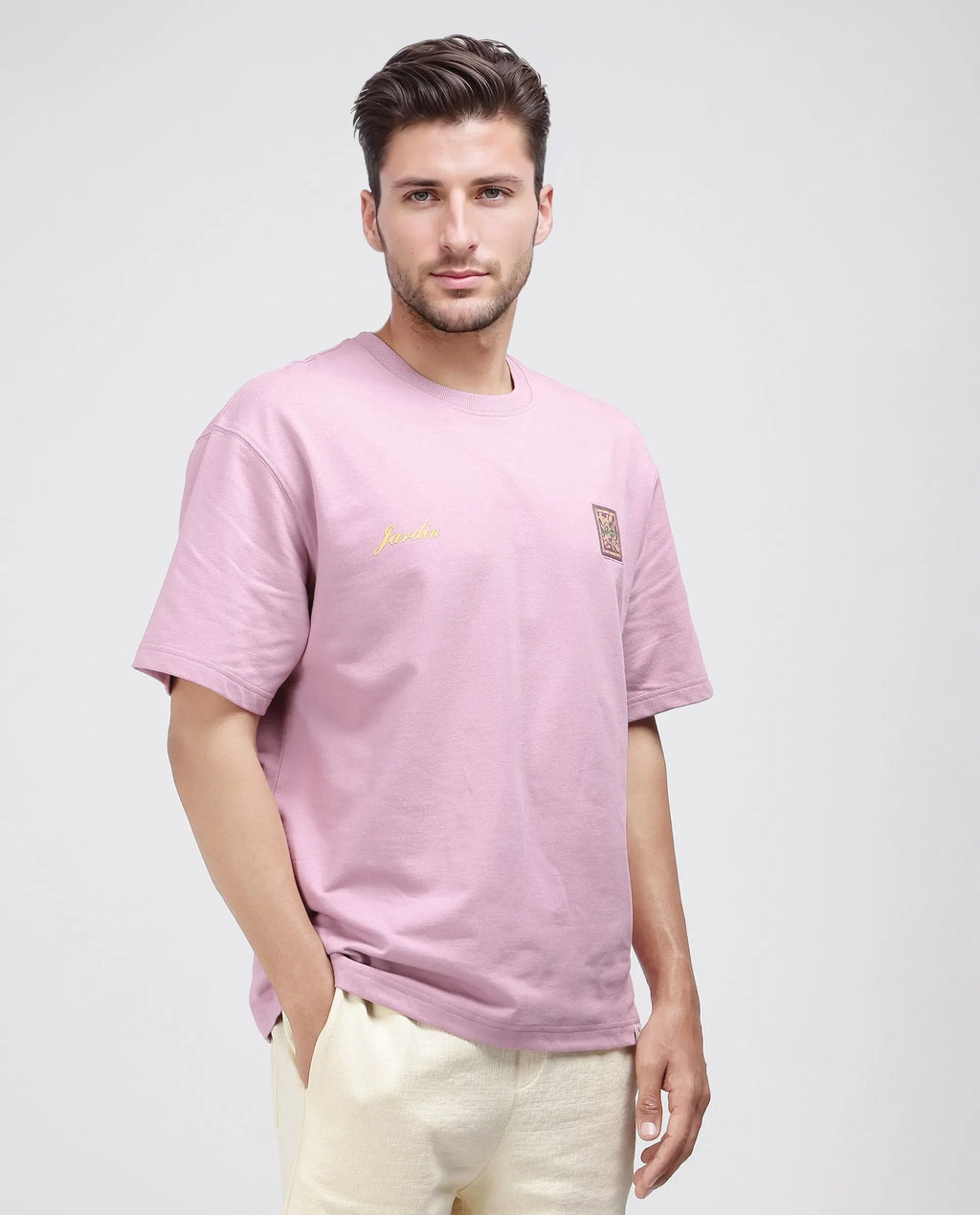Rare Rabbit Men's Jardi Pink Cotton Graphic Print Oversized Fit Half Sleeve Crew Neck T-Shirt