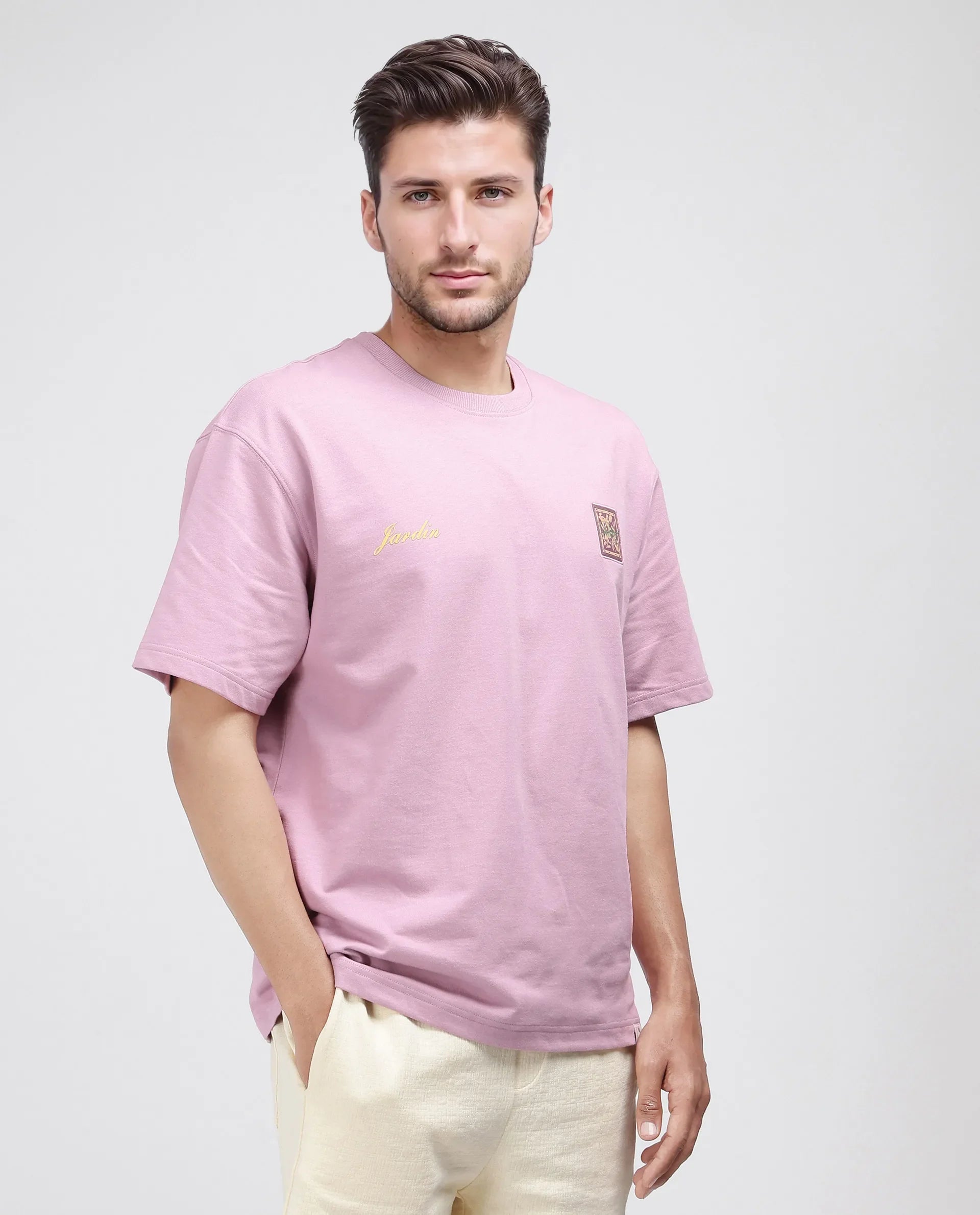 Rare Rabbit Men's Jardi Pink Cotton Graphic Print Oversized Fit Half Sleeve Crew Neck T-Shirt