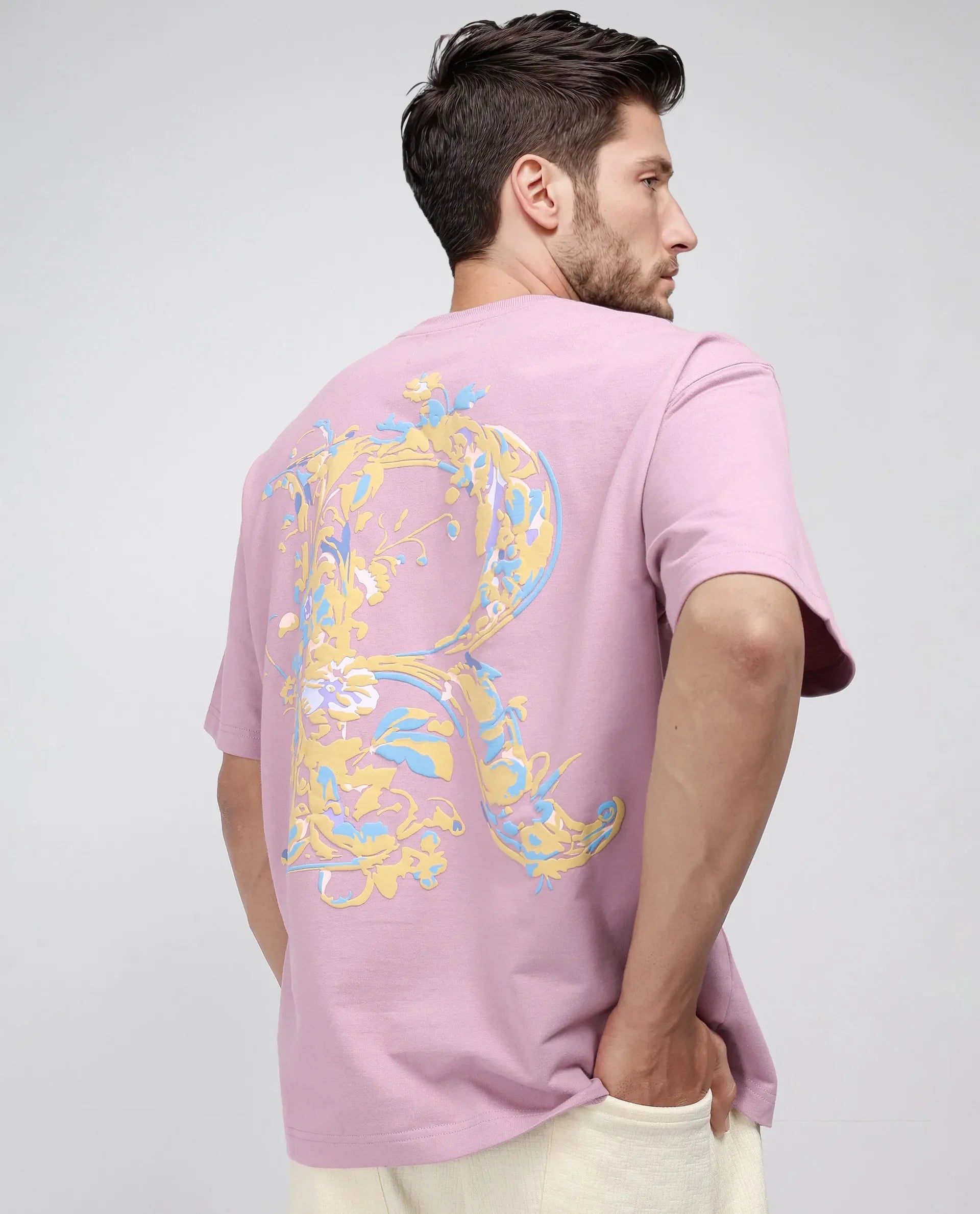 Rare Rabbit Men's Jardi Pink Cotton Graphic Print Oversized Fit Half Sleeve Crew Neck T-Shirt