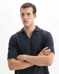 Rare Rabbit Men's Jawal Navy Cotton Blend Plain Oversized Fit Half Sleeve Polo