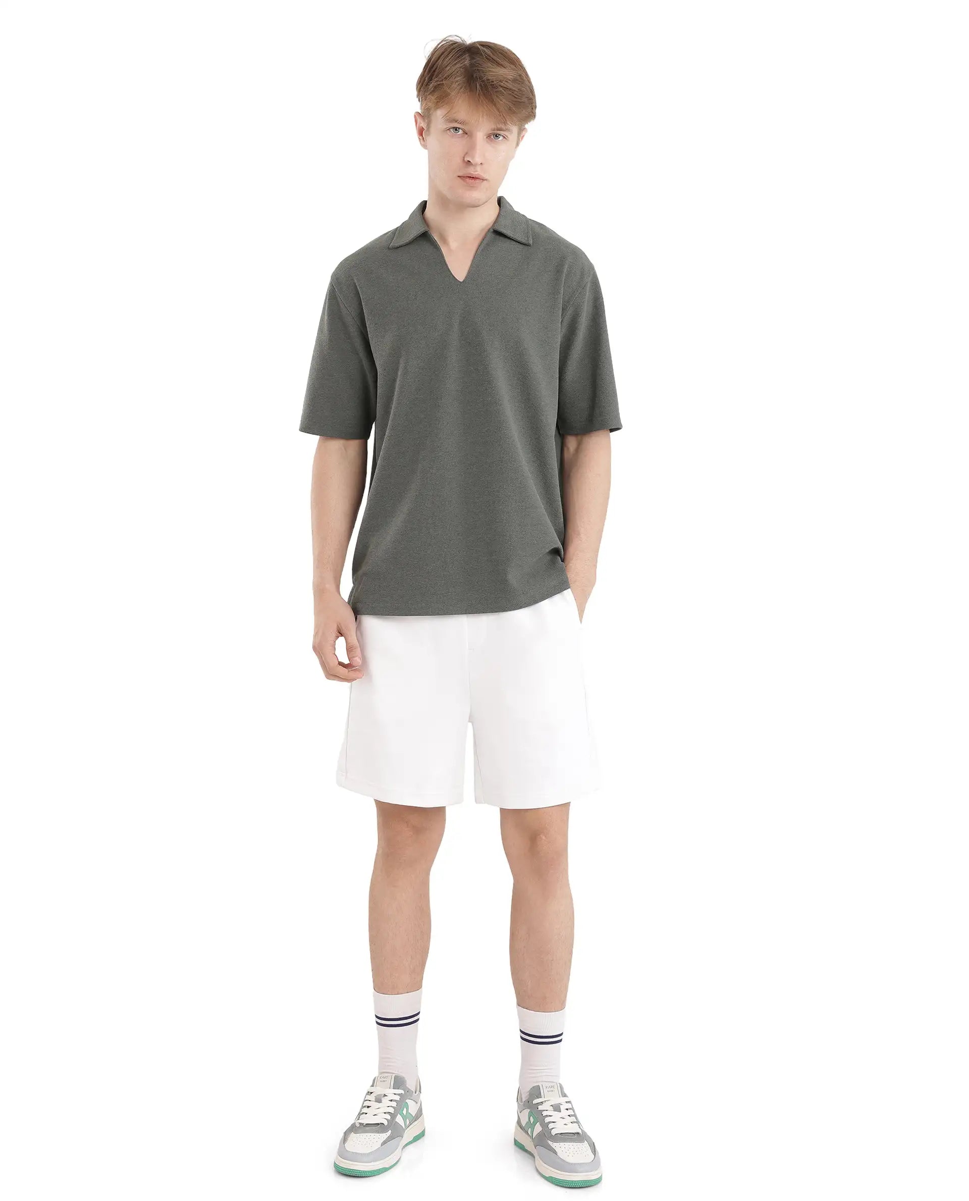 Rare Rabbit Men's Jawal Olive Cotton Blend Plain Oversized Fit Half Sleeve Polo