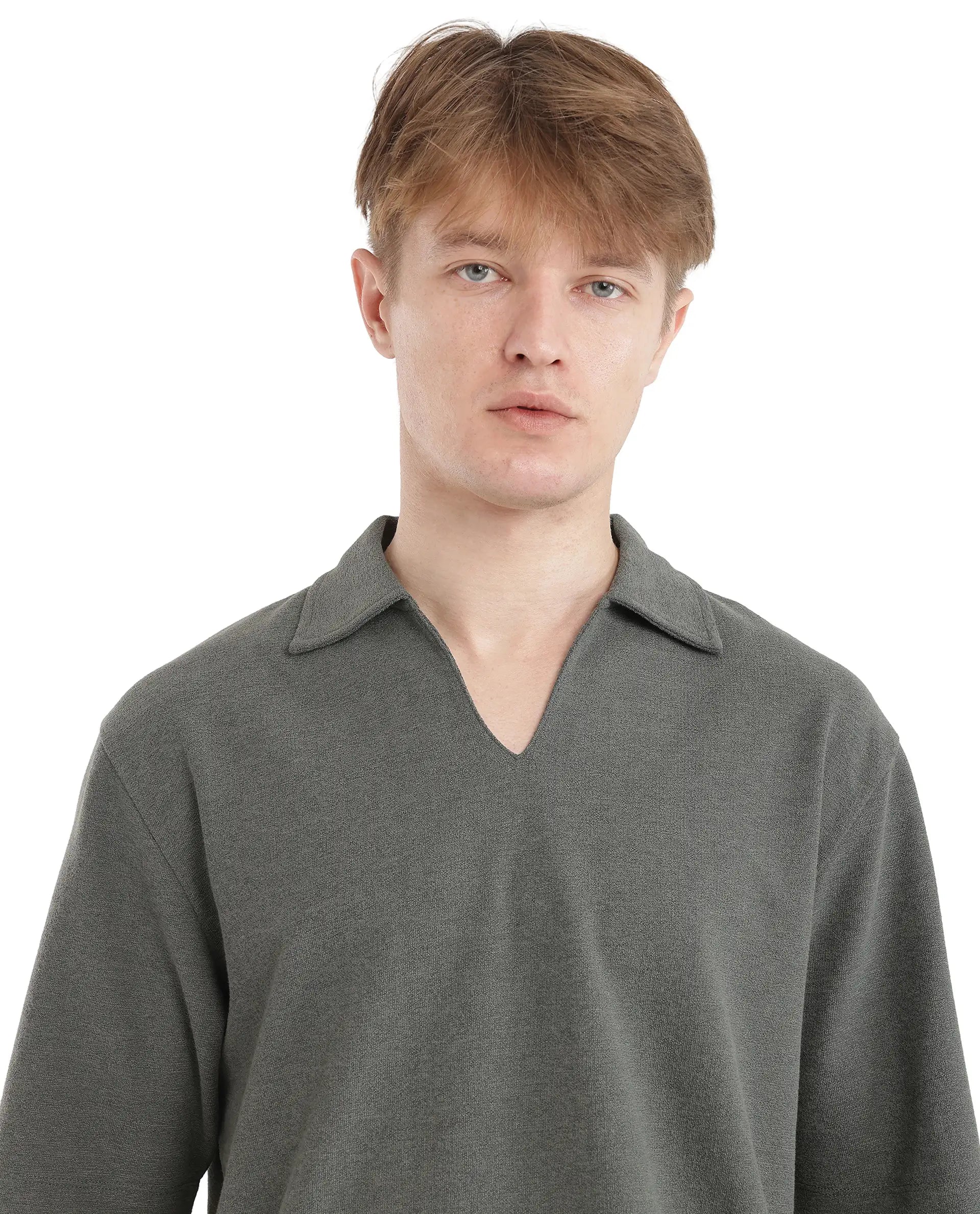 Rare Rabbit Men's Jawal Olive Cotton Blend Plain Oversized Fit Half Sleeve Polo