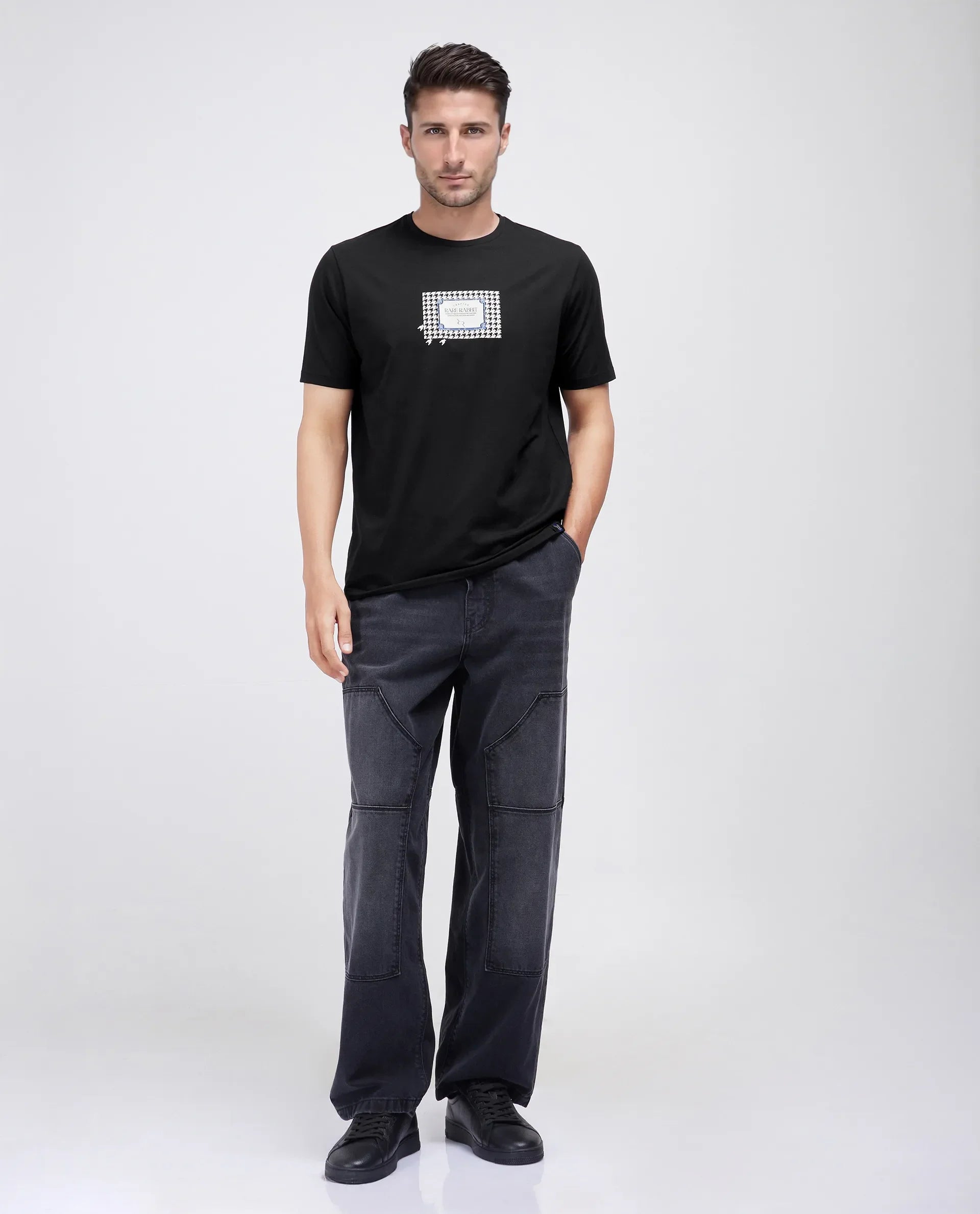 Rare Rabbit Men's Jed Black Cotton Blend Graphic Print Regular Fit Half Sleeve Crew Neck T-Shirt