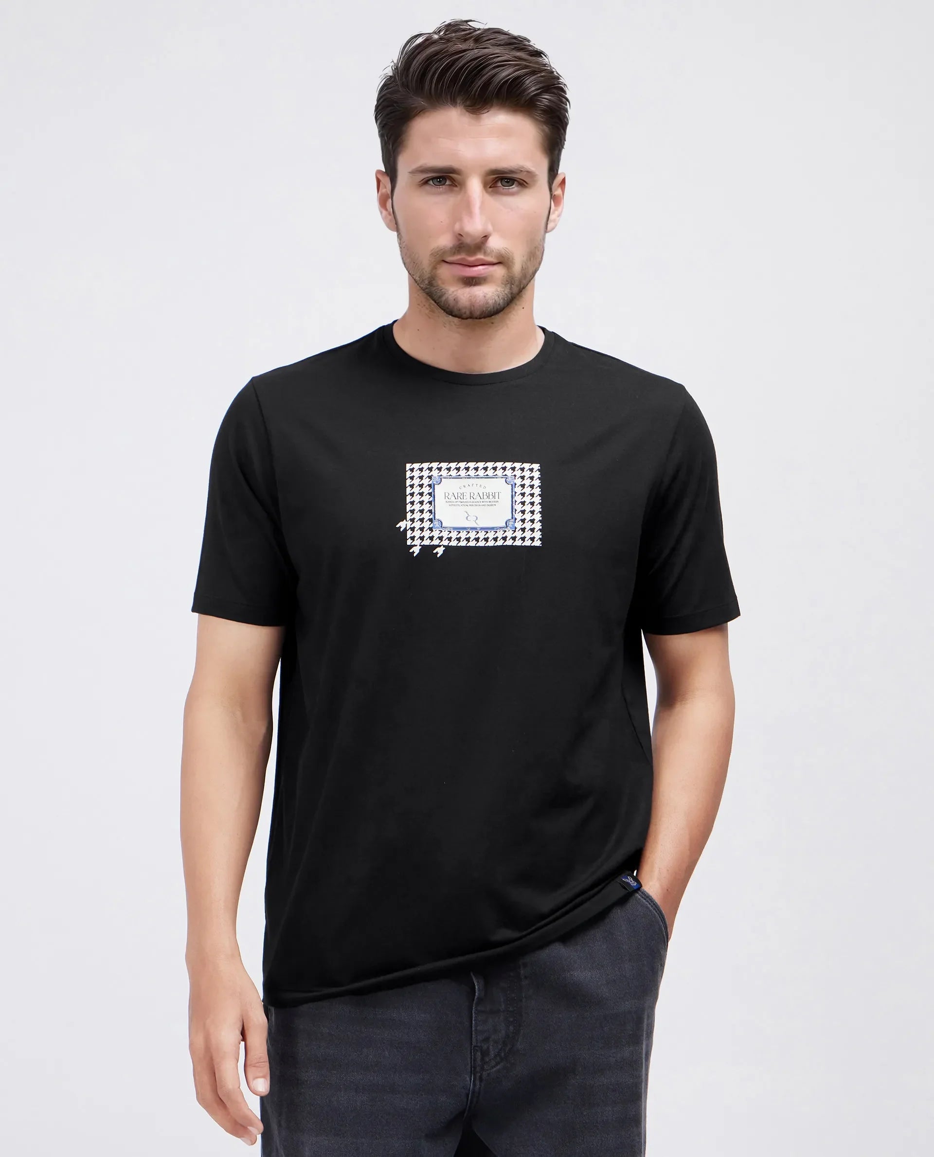 Rare Rabbit Men's Jed Black Cotton Blend Graphic Print Regular Fit Half Sleeve Crew Neck T-Shirt